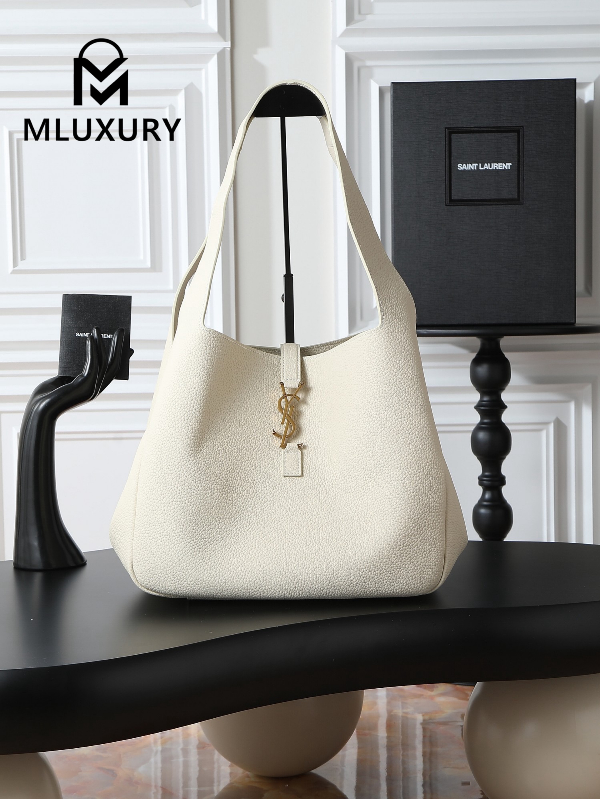YSL Bea New Hobo Bag, White with Gold Hardware