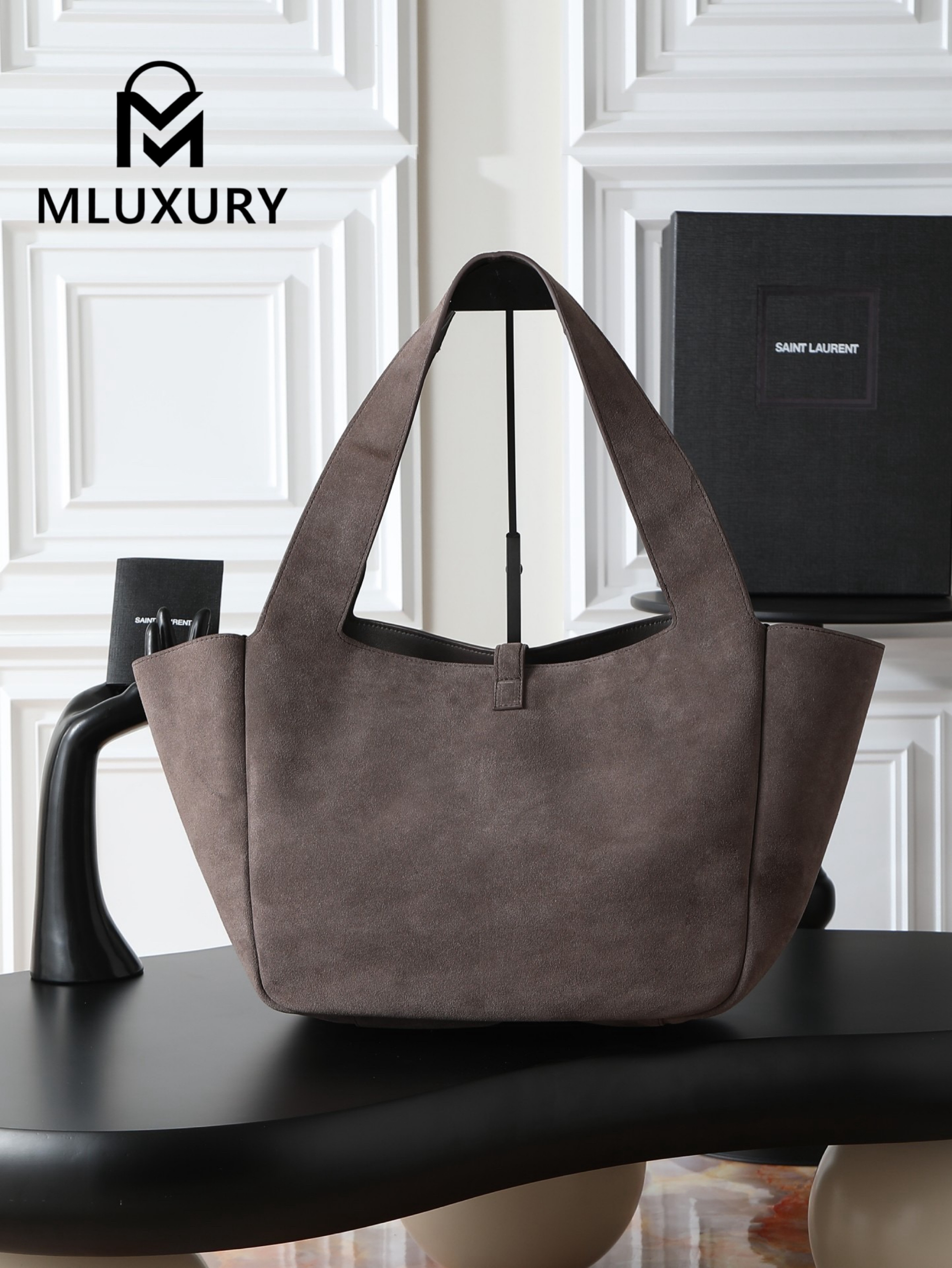 YSL Bea New Hobo Bag, Grey Suede with Gold Hardware