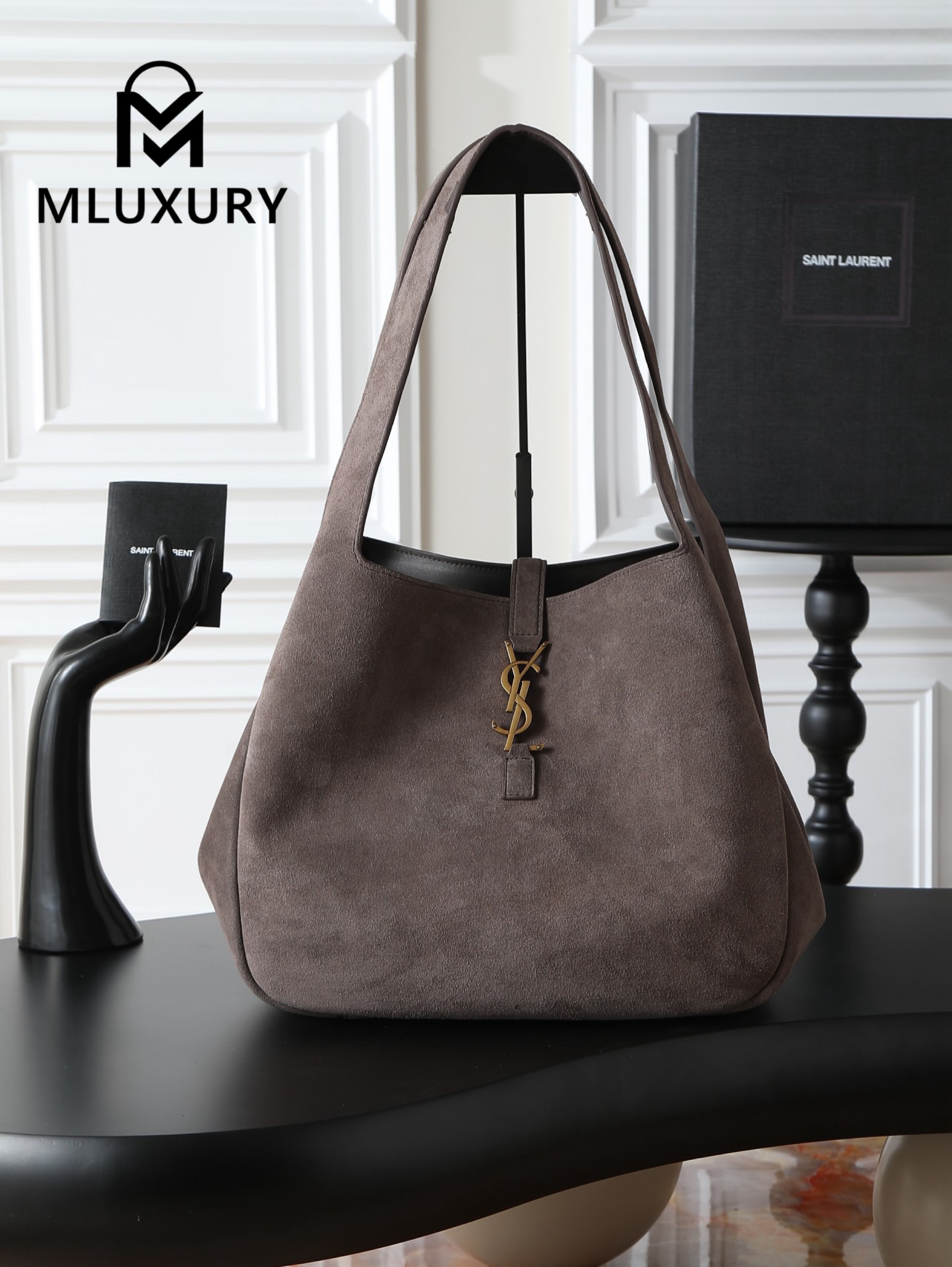 YSL Bea New Hobo Bag, Grey Suede with Gold Hardware