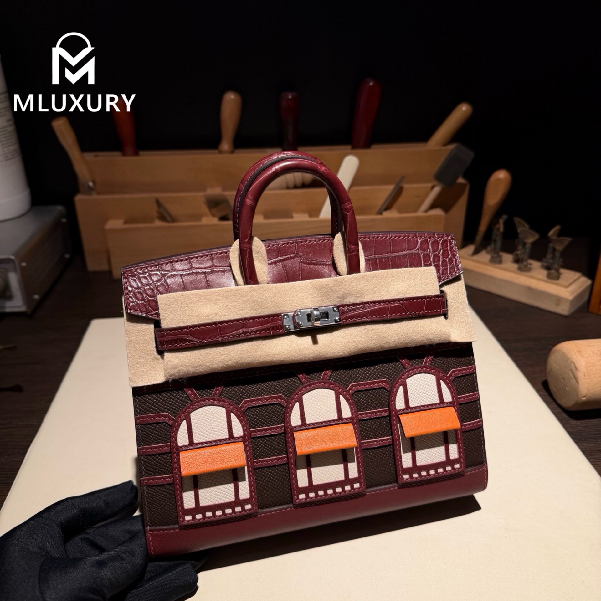 Hermès Birkin 20 Matte Alligator, Sunset Red House, Silver Hardware