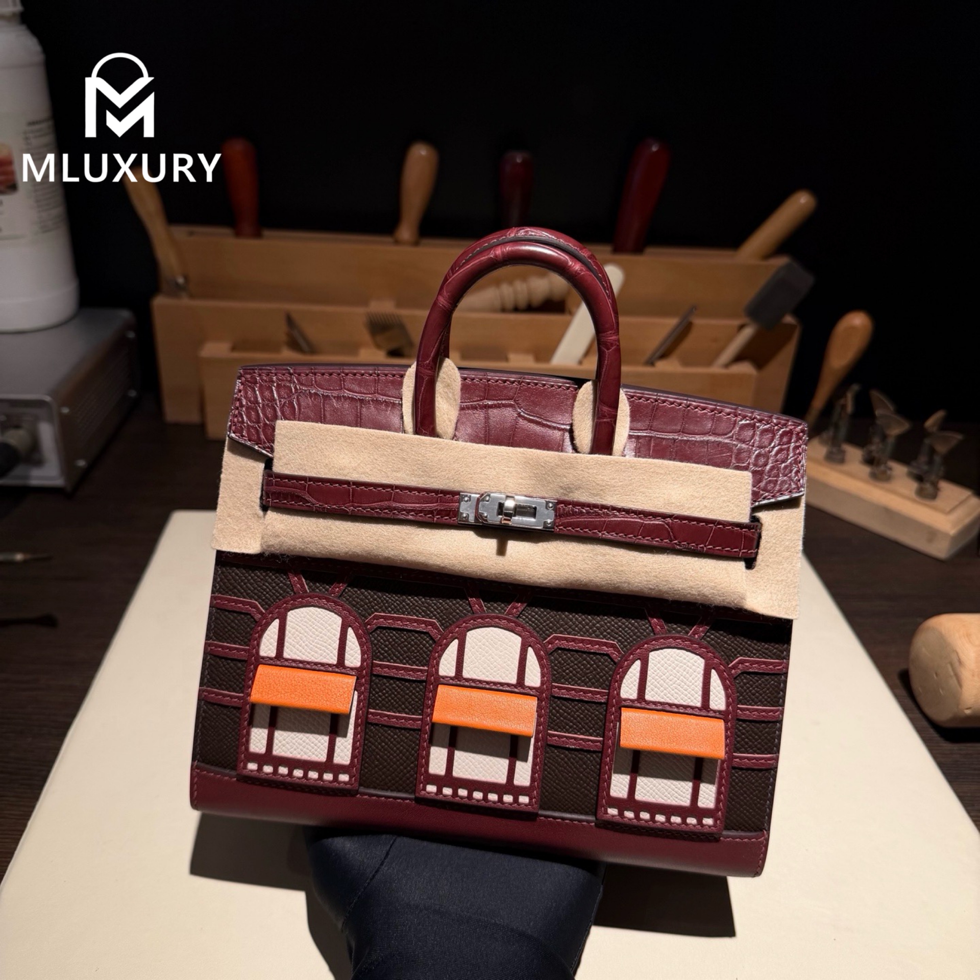 Hermès Birkin 20 Matte Alligator, Sunset Red House, Silver Hardware