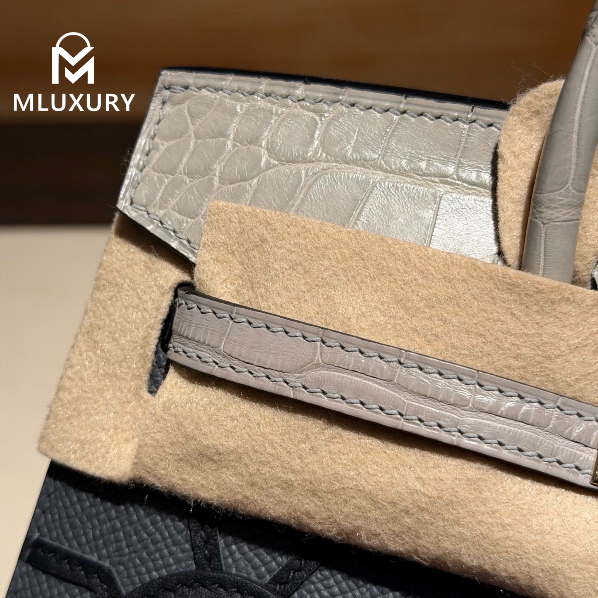 Hermès Birkin 20, Matte crocodile pattern, Grey house design, Light gold hardware