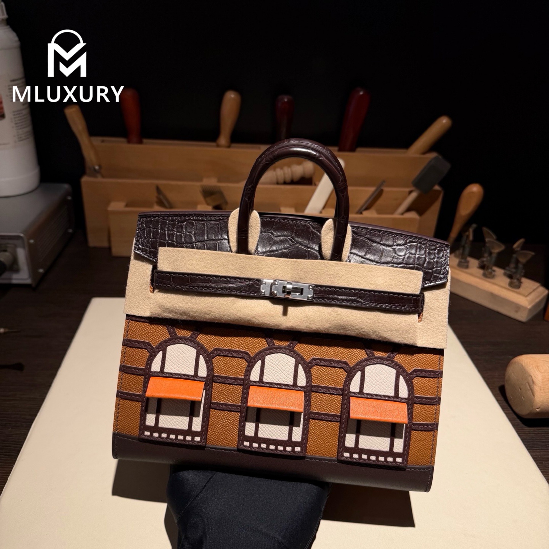 Hermès Birkin 20, Matte crocodile leather, Gold-brown daytime miniature house, Silver hardware