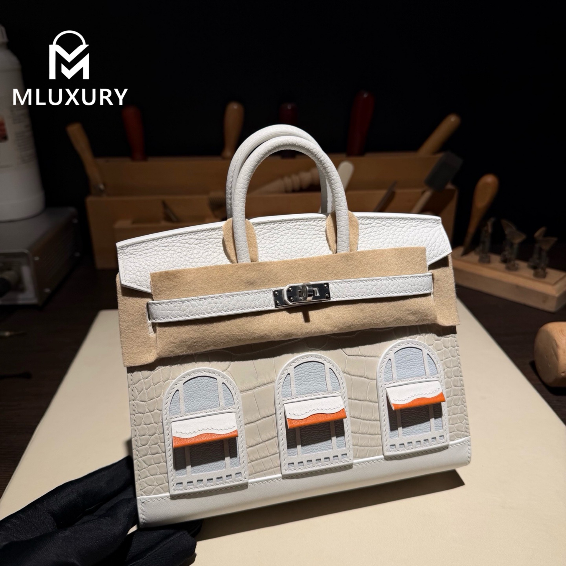 Hermès Birkin 20 matte crocodile leather, White House in First Snow, silver hardware