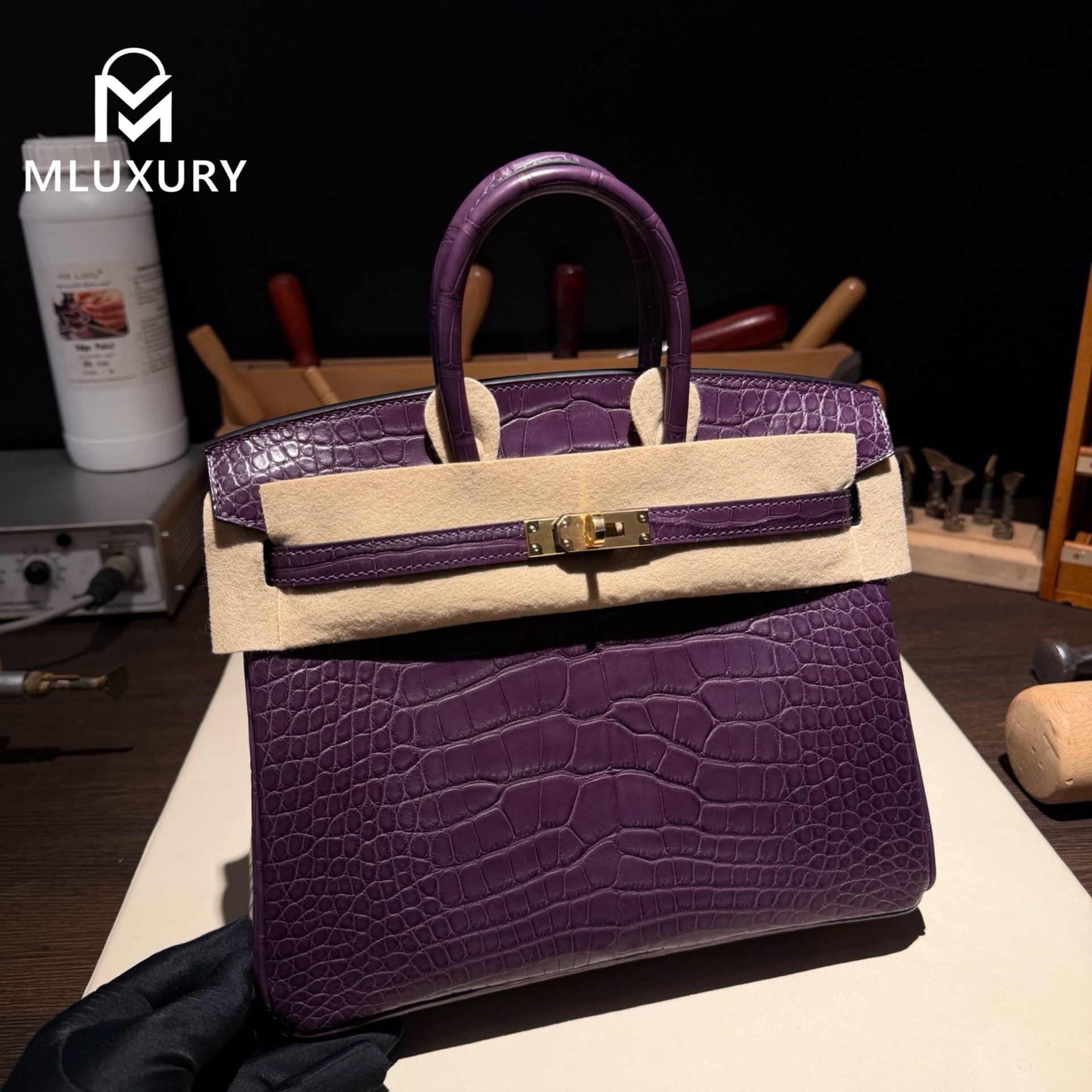 Hermès Birkin 25, Matte crocodile leather, Grape purple, Gold hardware