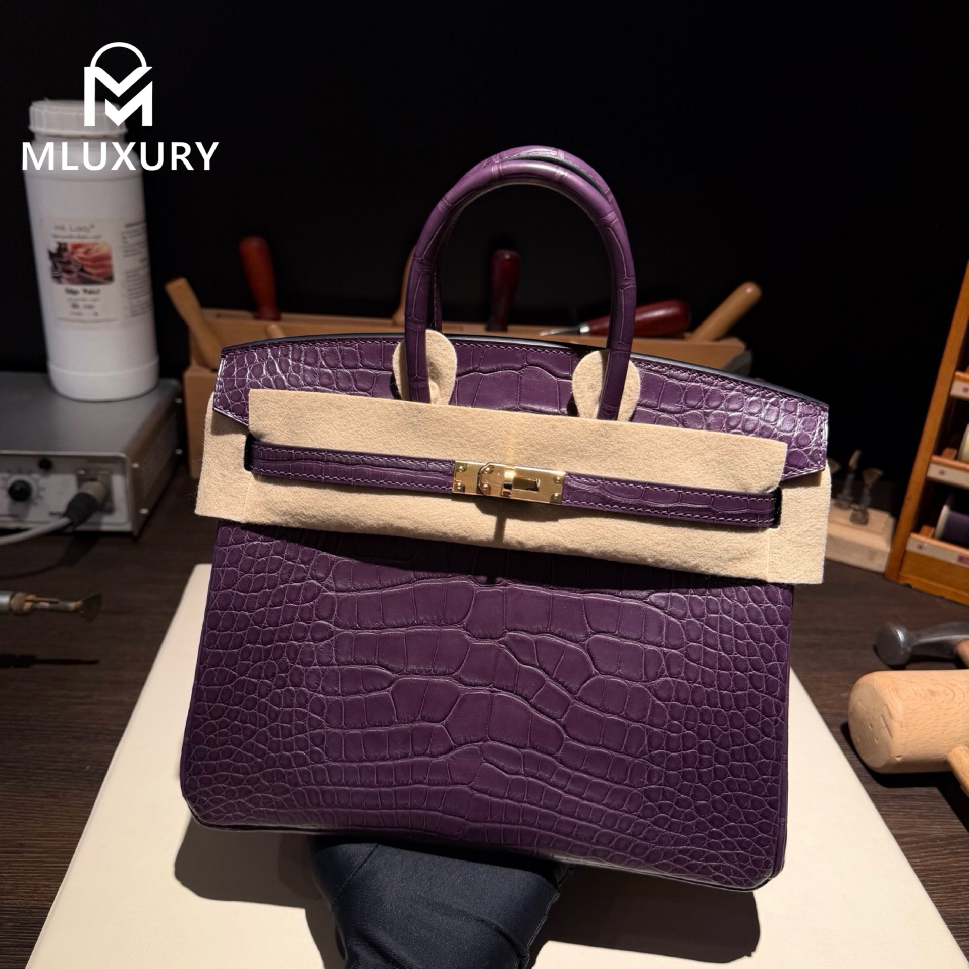 Hermès Birkin 25, Matte crocodile leather, Grape purple, Gold hardware