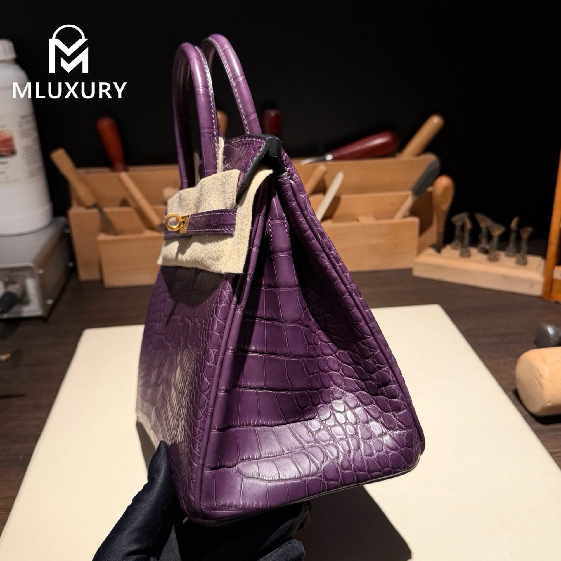 Hermès Birkin 25, Matte crocodile leather, Grape purple, Gold hardware