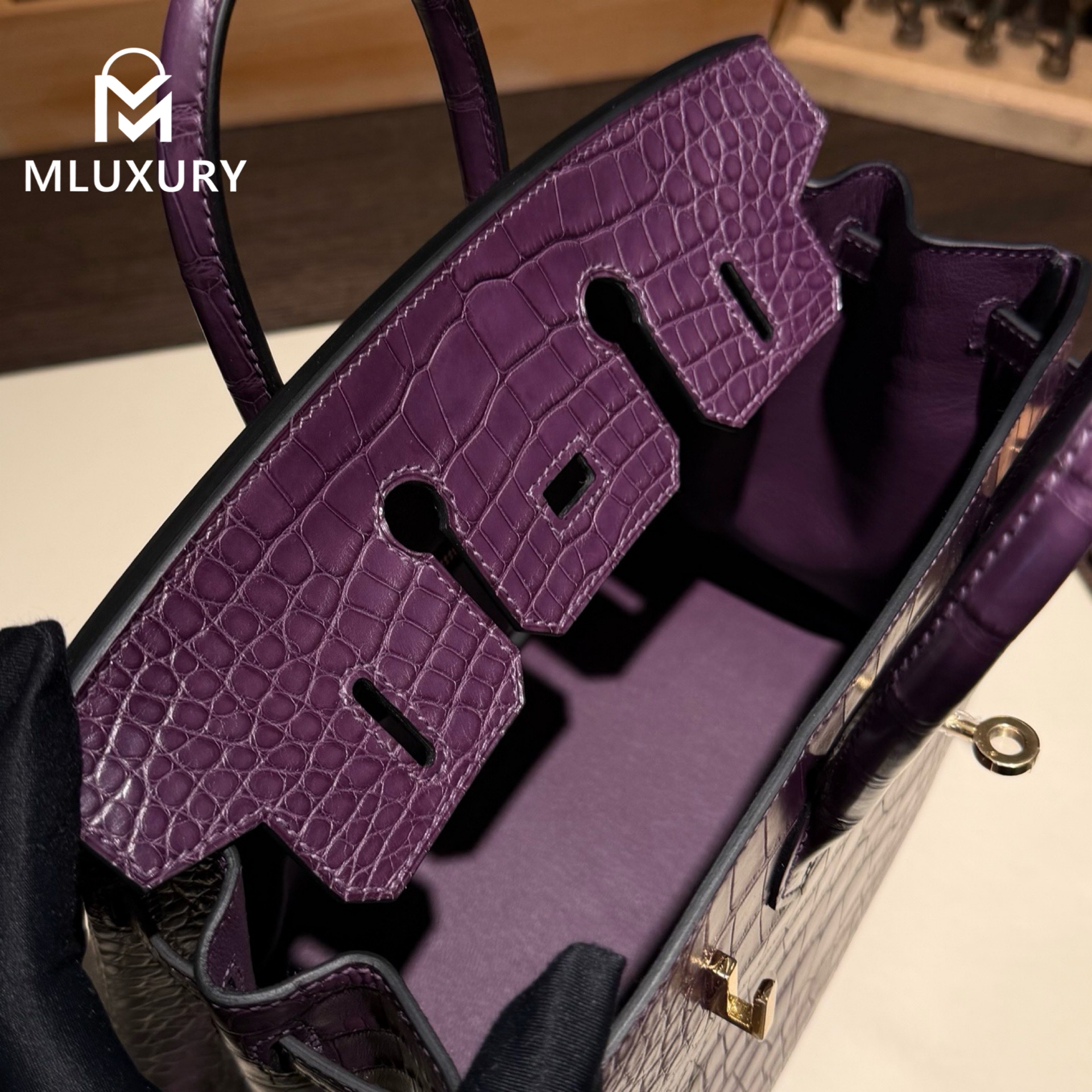 Hermès Birkin 25, Matte crocodile leather, Grape purple, Gold hardware