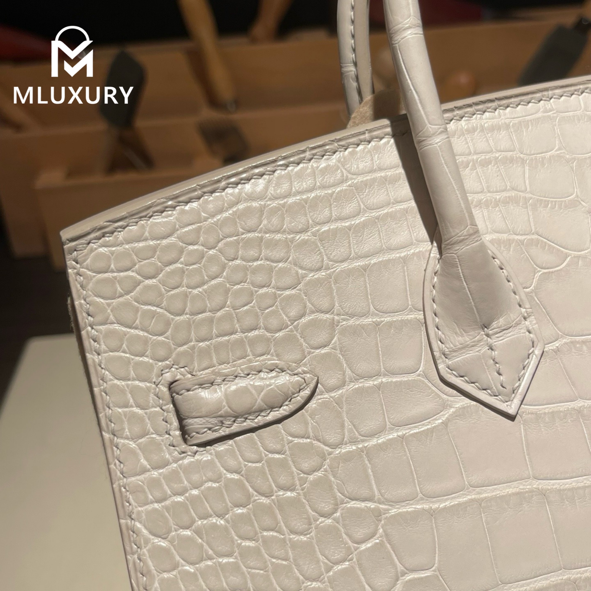 Hermès Birkin 25, Matte American alligator leather, Glacier white, Gold hardware