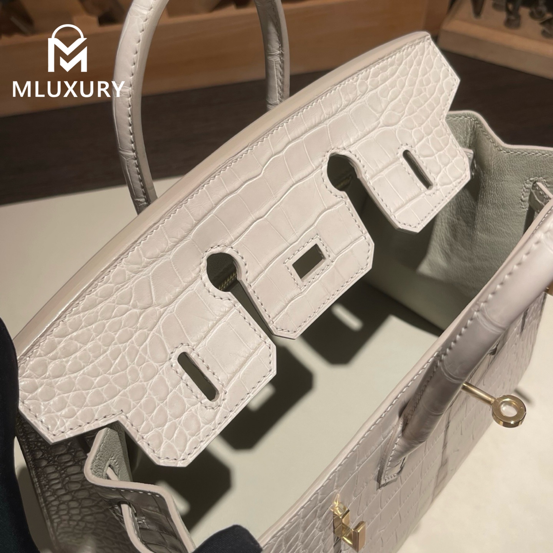 Hermès Birkin 25, Matte American alligator leather, Glacier white, Gold hardware