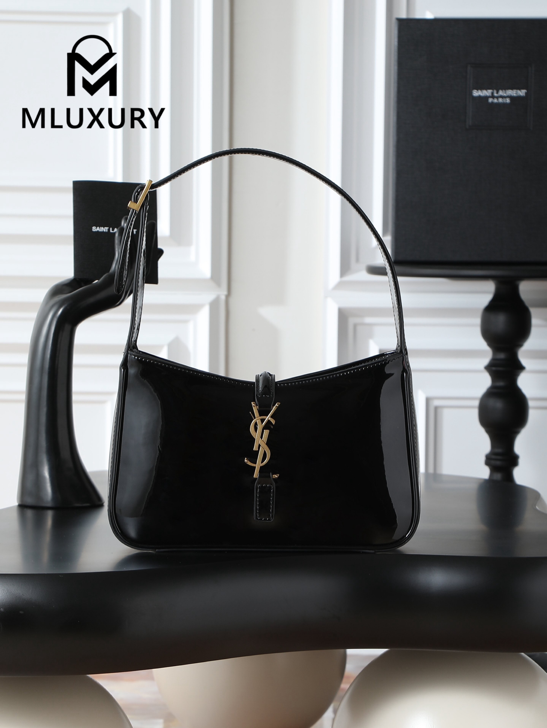 YSL LE 5A7 Underarm Bag, Small, Black Patent Leather with Gold Buckle