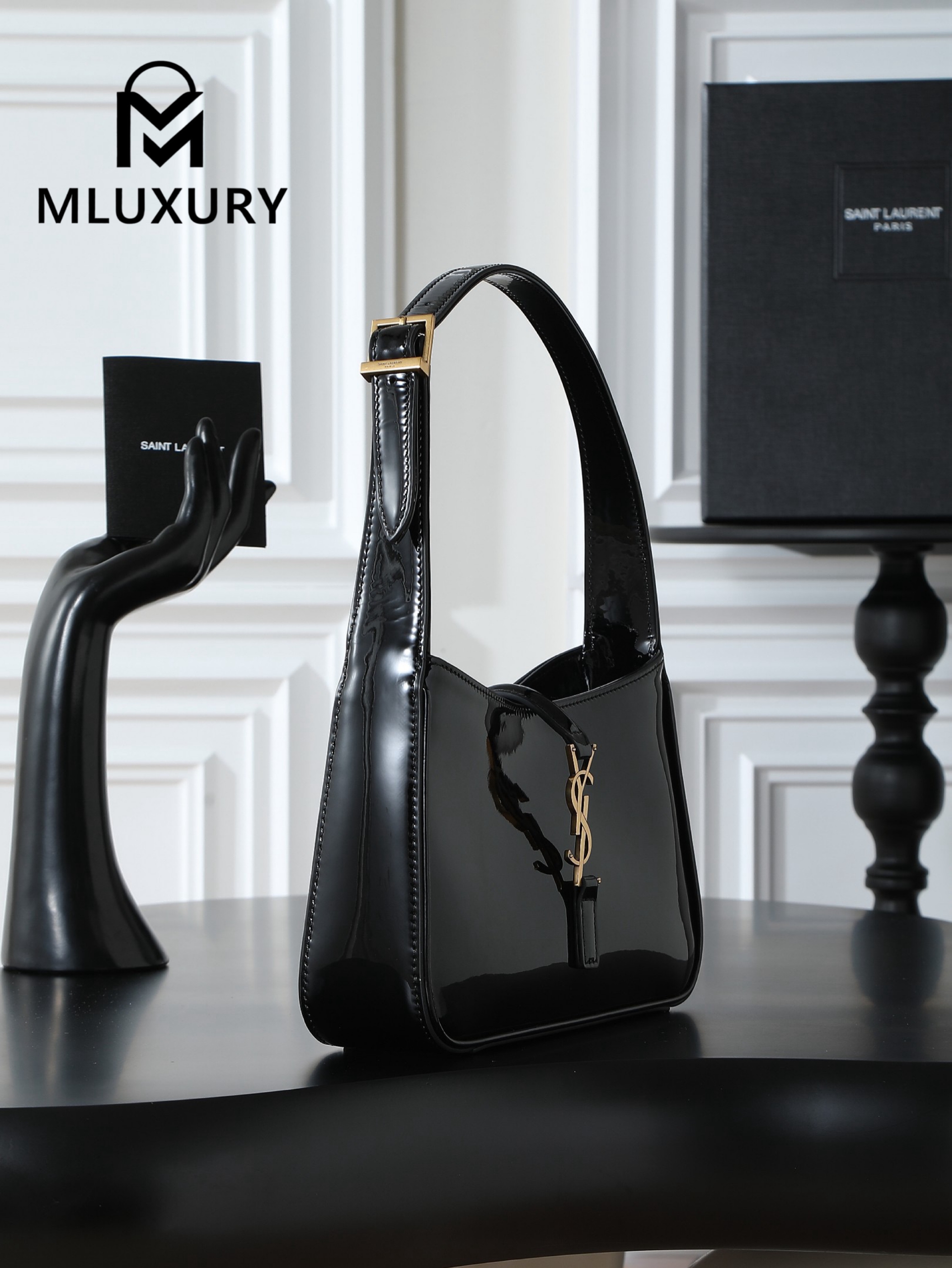 YSL LE 5A7 Underarm Bag, Small, Black Patent Leather with Gold Buckle
