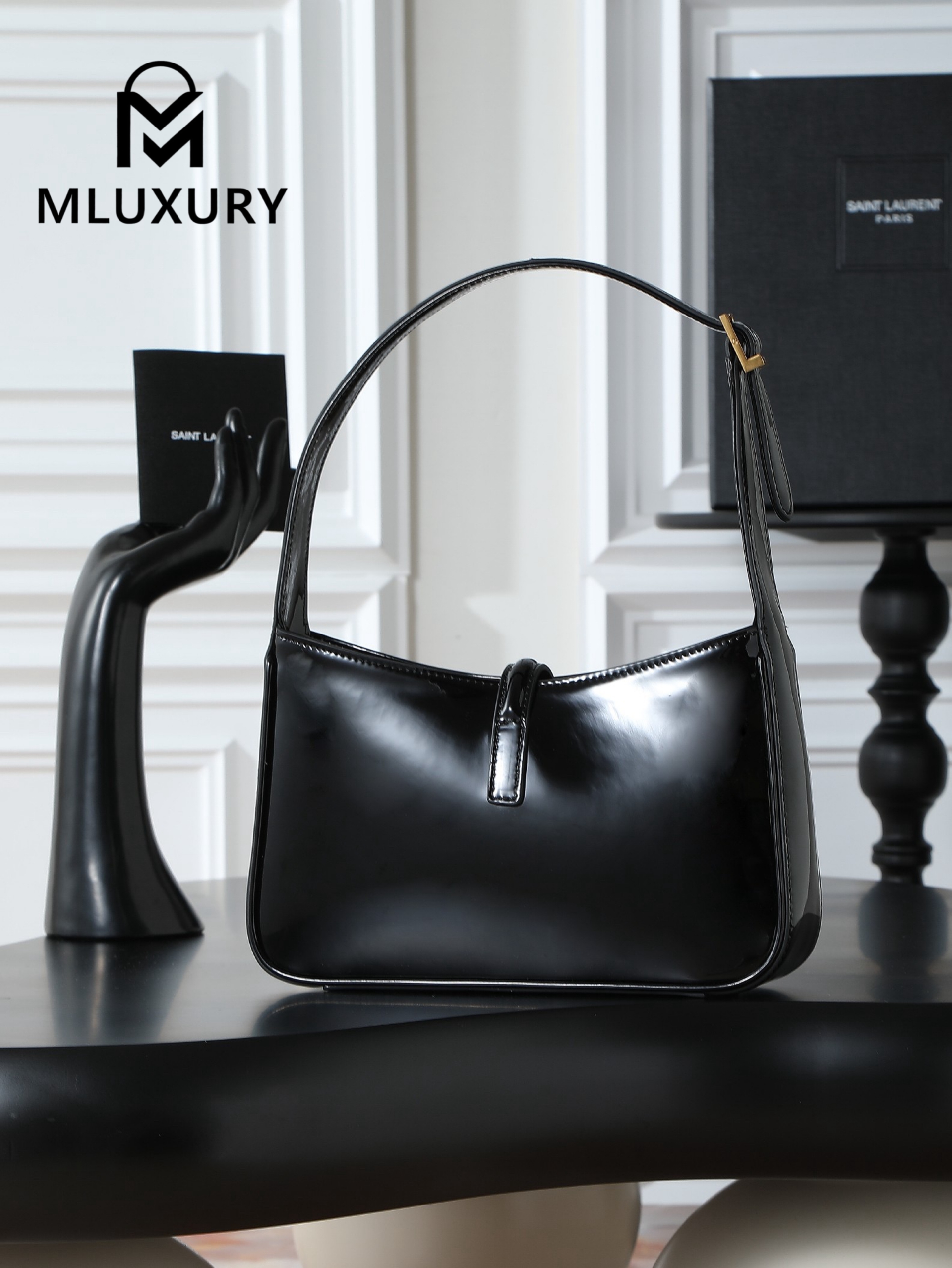 YSL LE 5A7 Underarm Bag, Small, Black Patent Leather with Gold Buckle