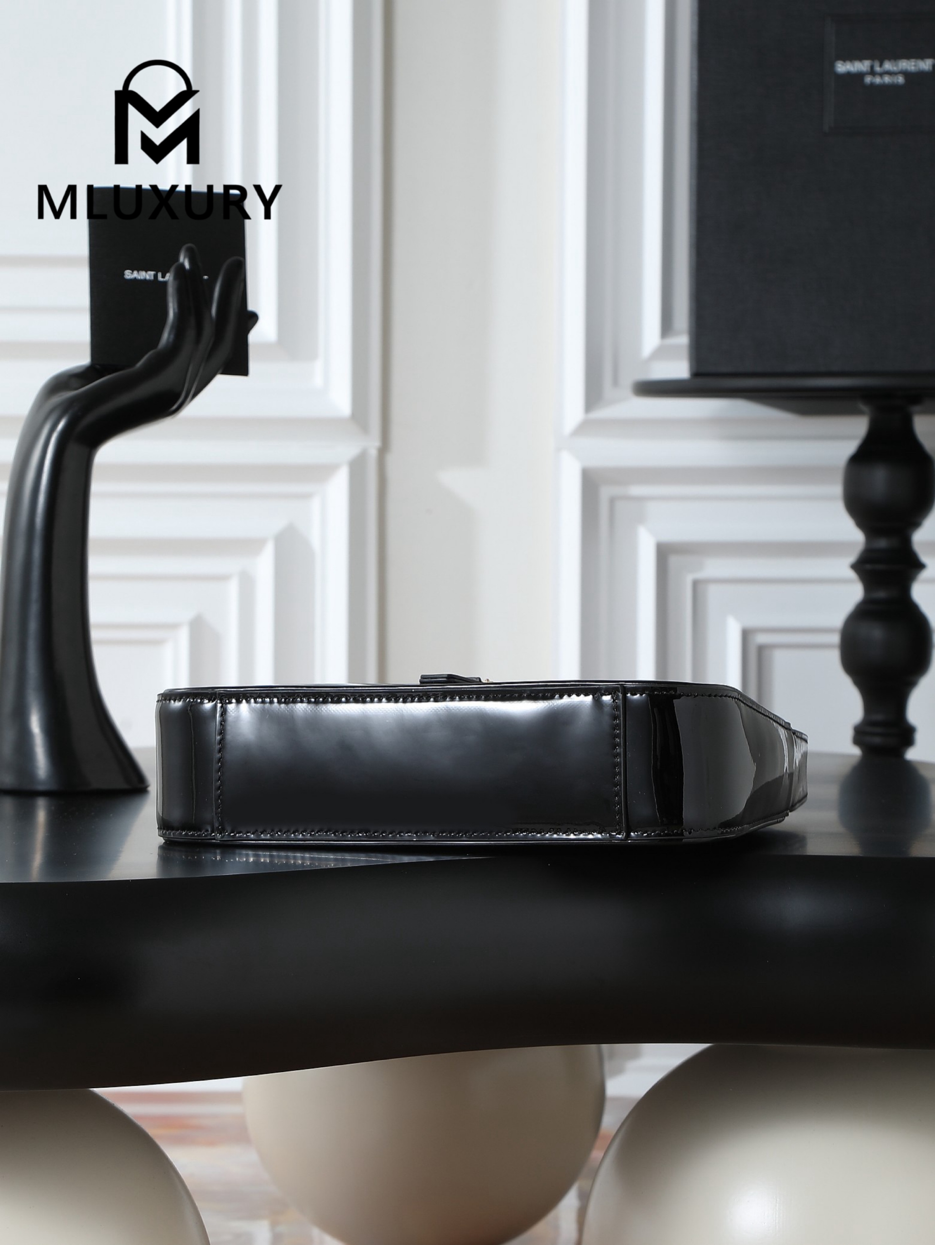 YSL LE 5A7 Underarm Bag, Small, Black Patent Leather with Gold Buckle