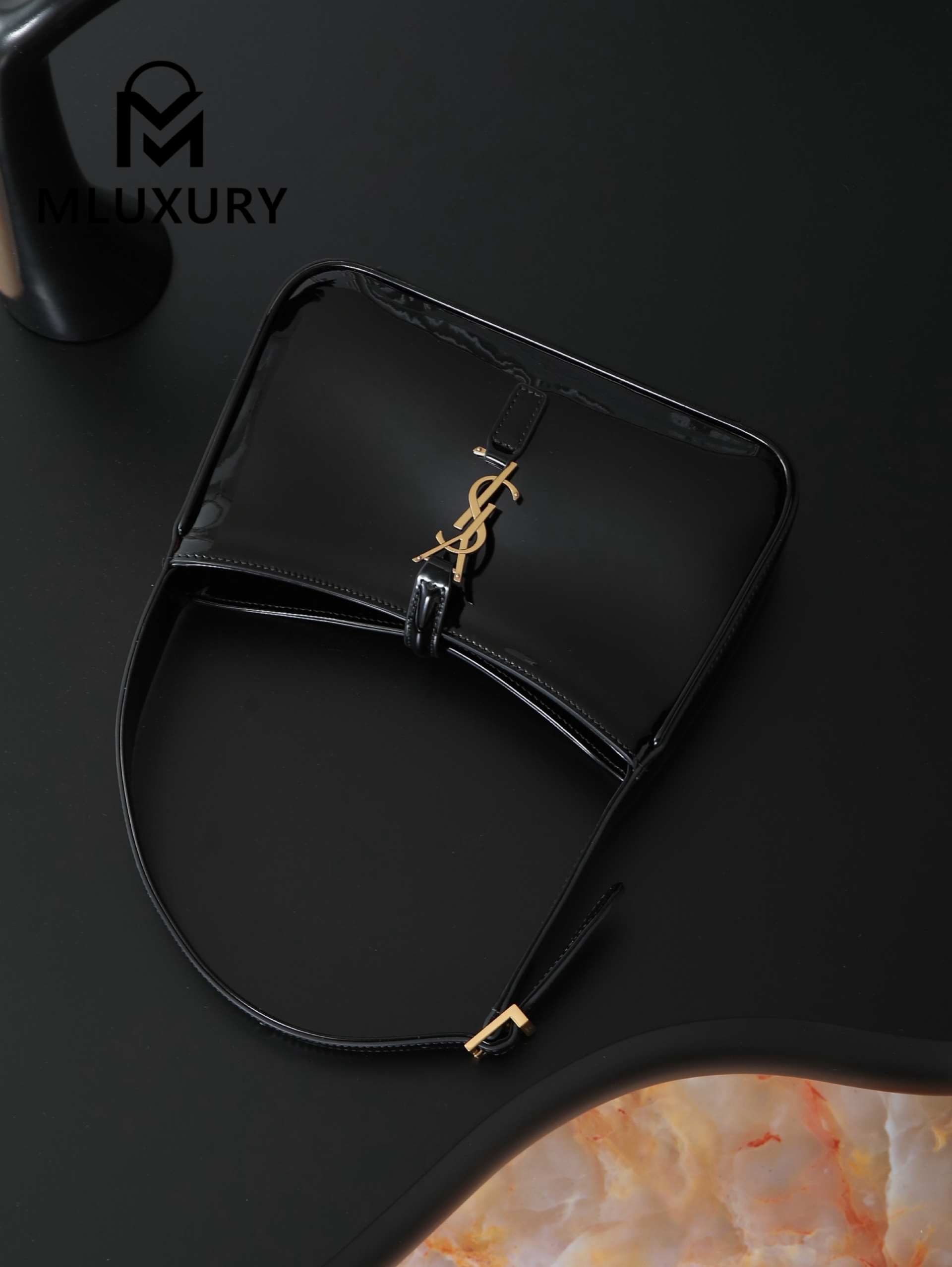 YSL LE 5A7 Underarm Bag, Small, Black Patent Leather with Gold Buckle