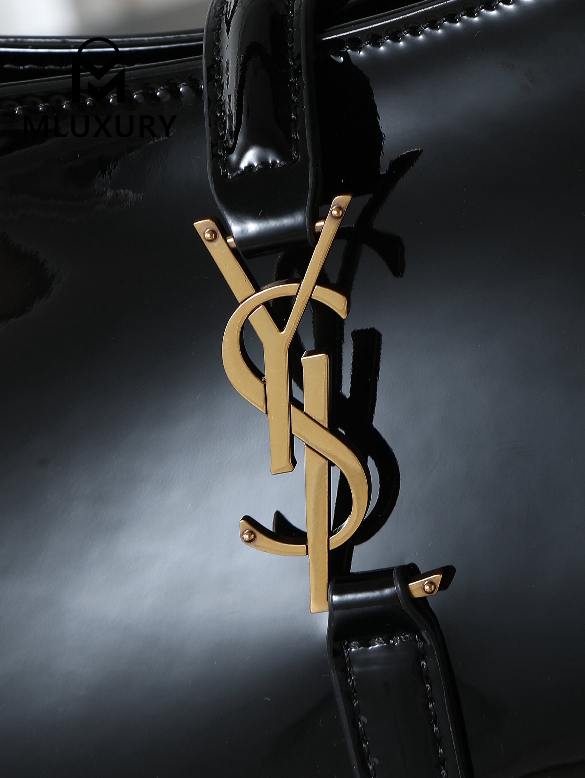 YSL LE 5A7 Underarm Bag, Small, Black Patent Leather with Gold Buckle