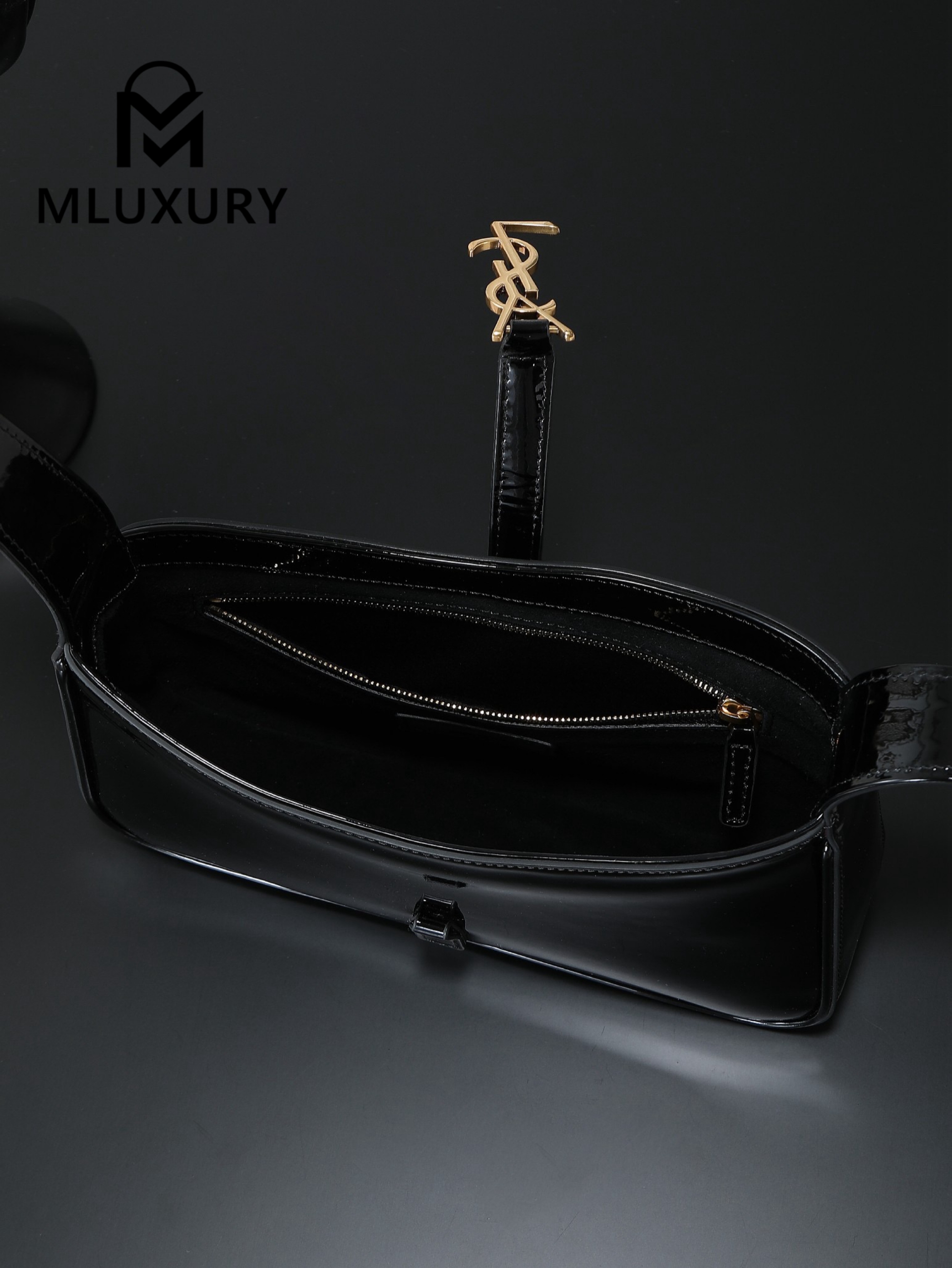YSL LE 5A7 Underarm Bag, Small, Black Patent Leather with Gold Buckle