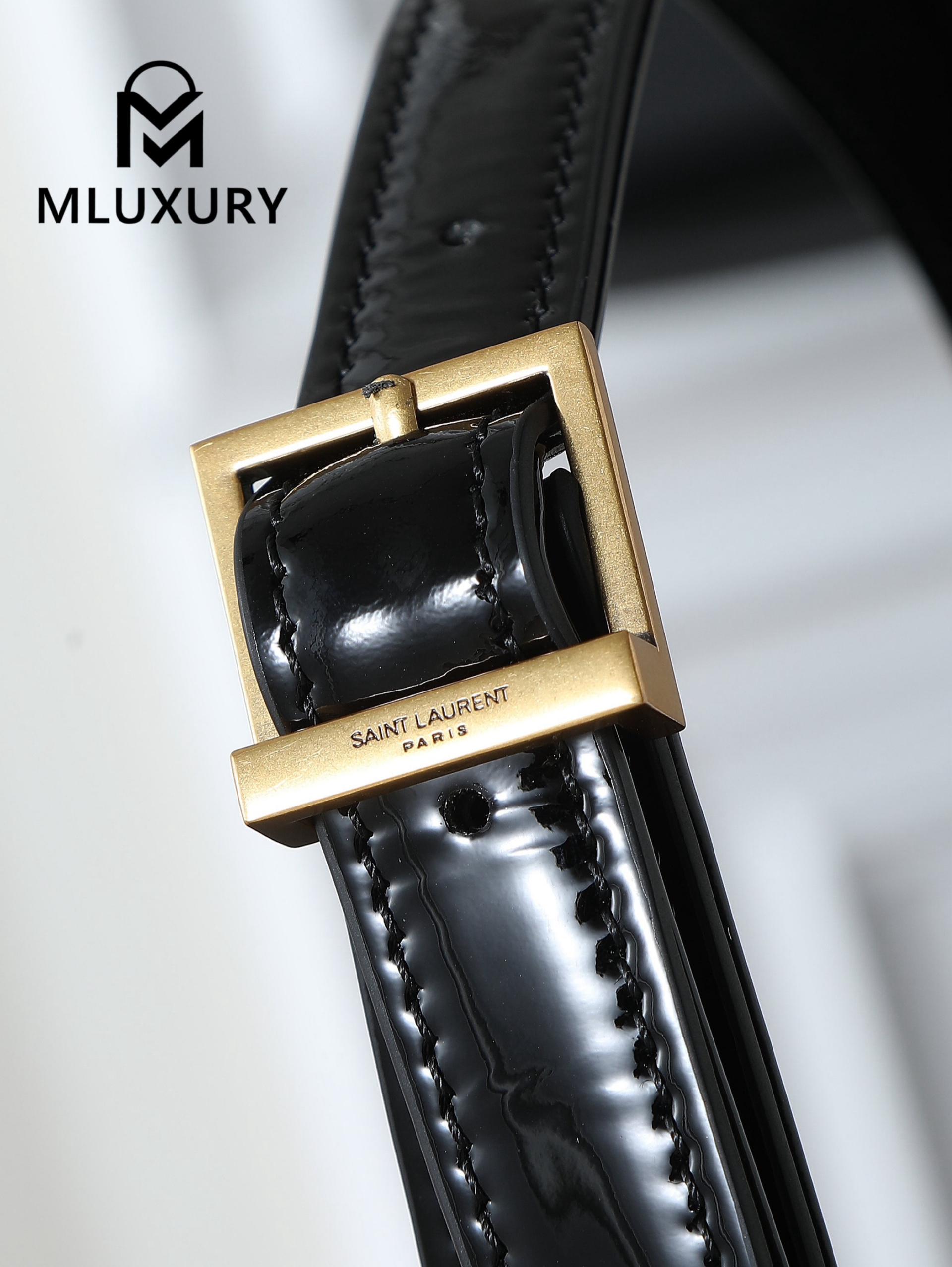 YSL LE 5A7 Underarm Bag, Small, Black Patent Leather with Gold Buckle