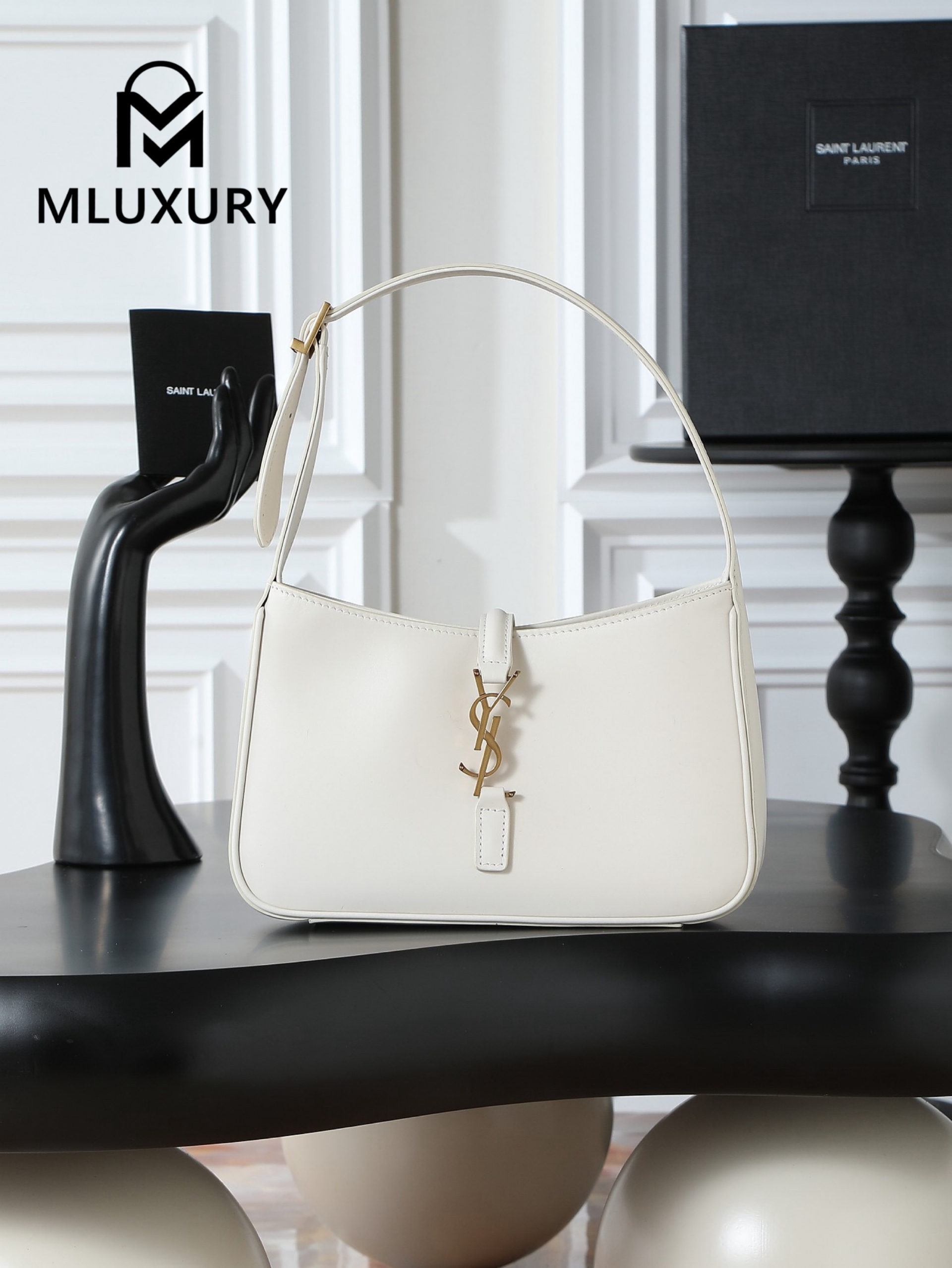 YSL LE 5A7 Underarm Bag, Small, White Plain Weave with Gold Buckle