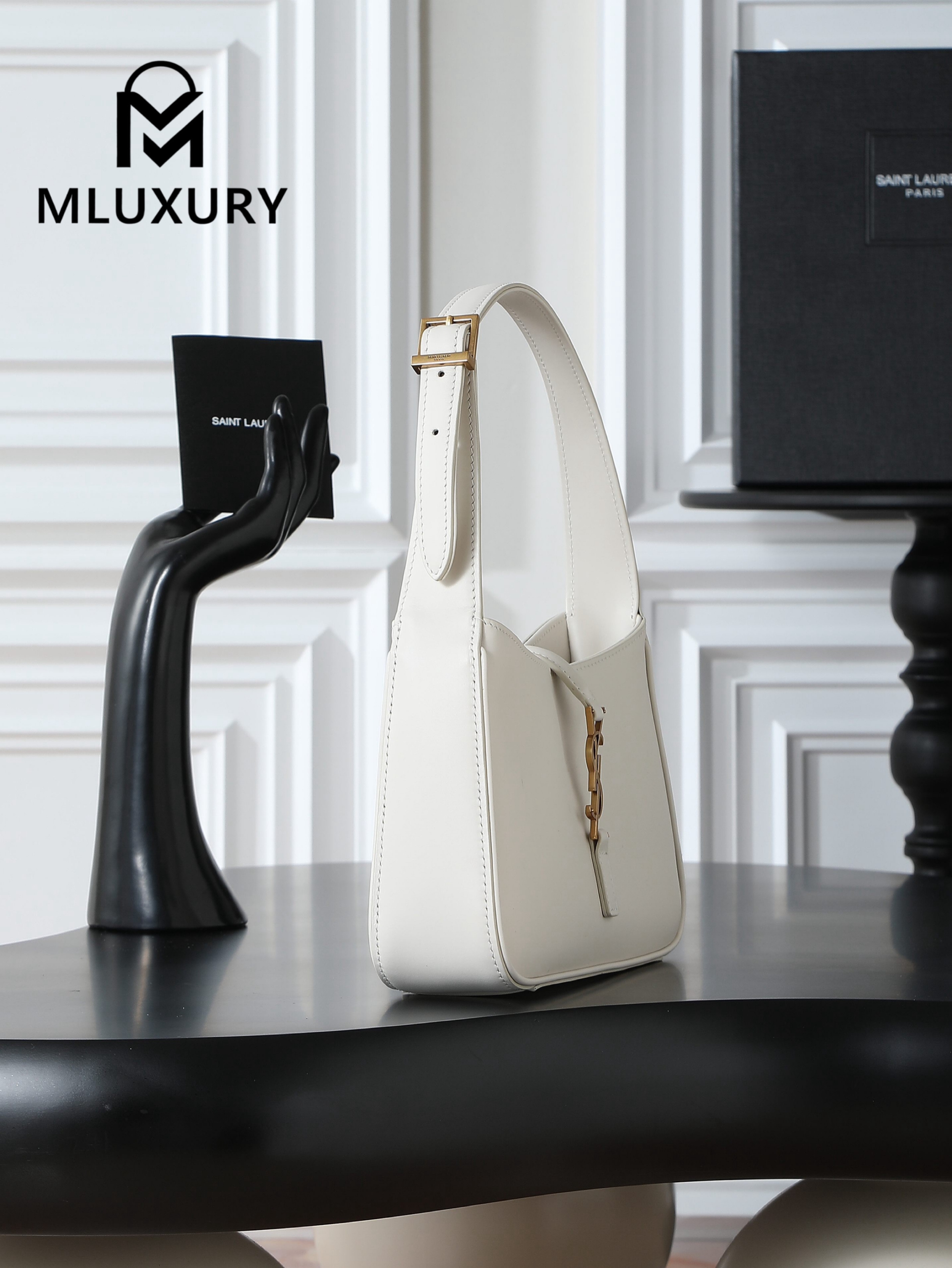 YSL LE 5A7 Underarm Bag, Small, White Plain Weave with Gold Buckle