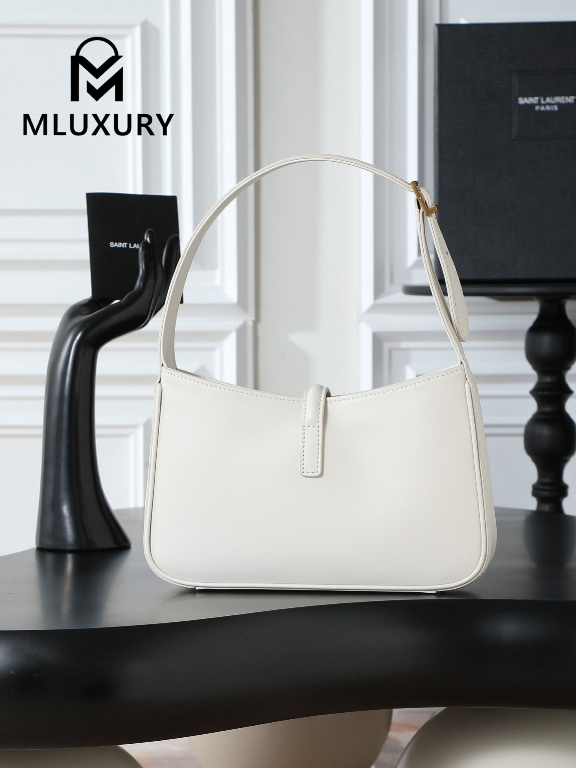 YSL LE 5A7 Underarm Bag, Small, White Plain Weave with Gold Buckle