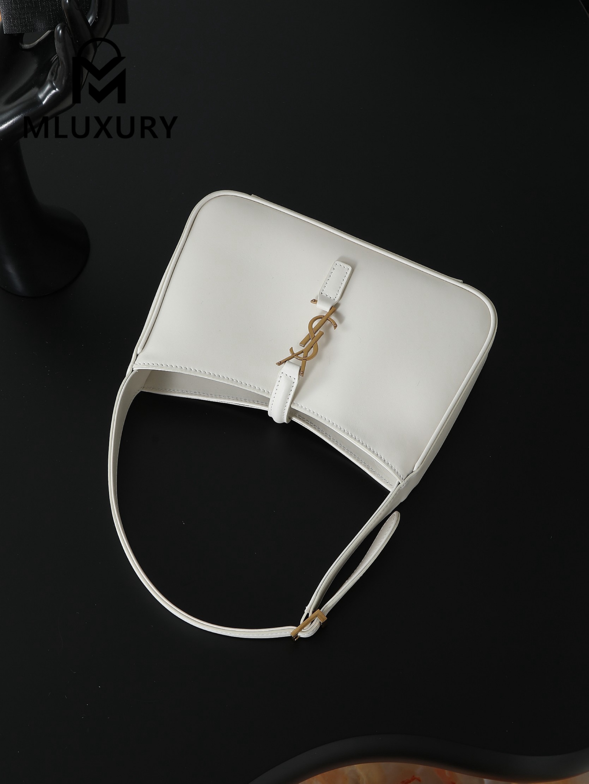 YSL LE 5A7 Underarm Bag, Small, White Plain Weave with Gold Buckle