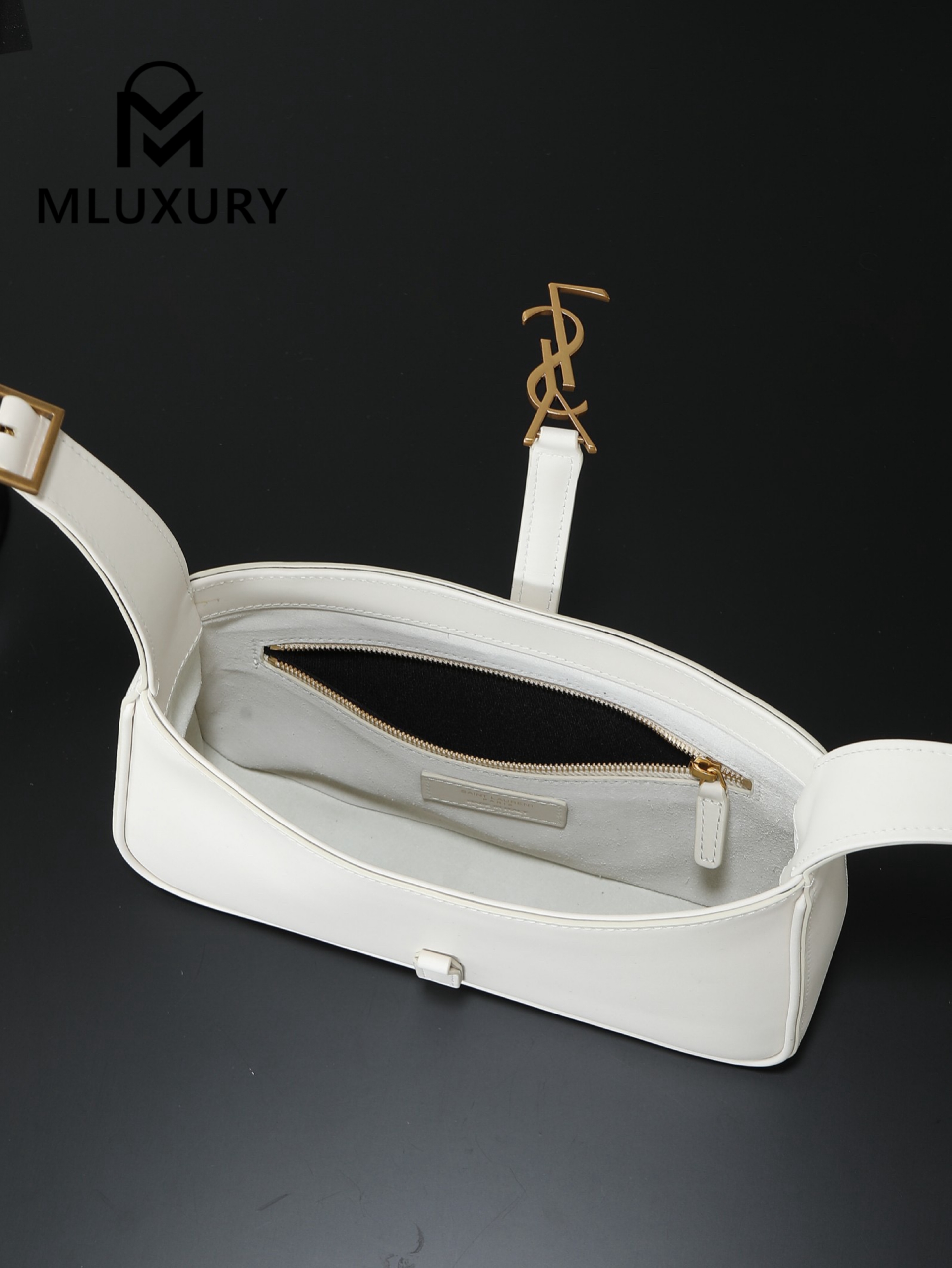 YSL LE 5A7 Underarm Bag, Small, White Plain Weave with Gold Buckle