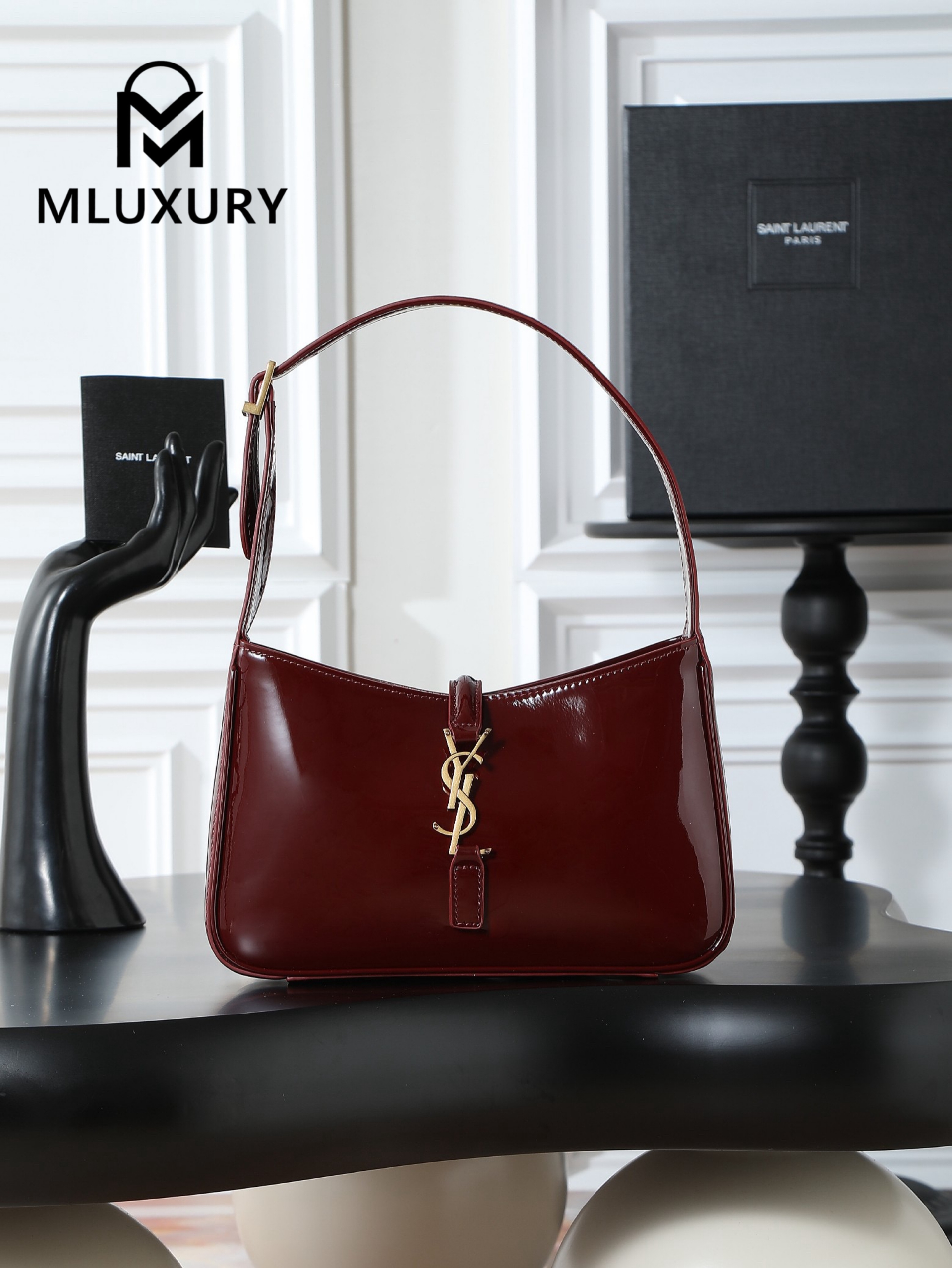YSL LE 5A7 Underarm Bag, Small, Burgundy Patent Leather with Gold Buckle