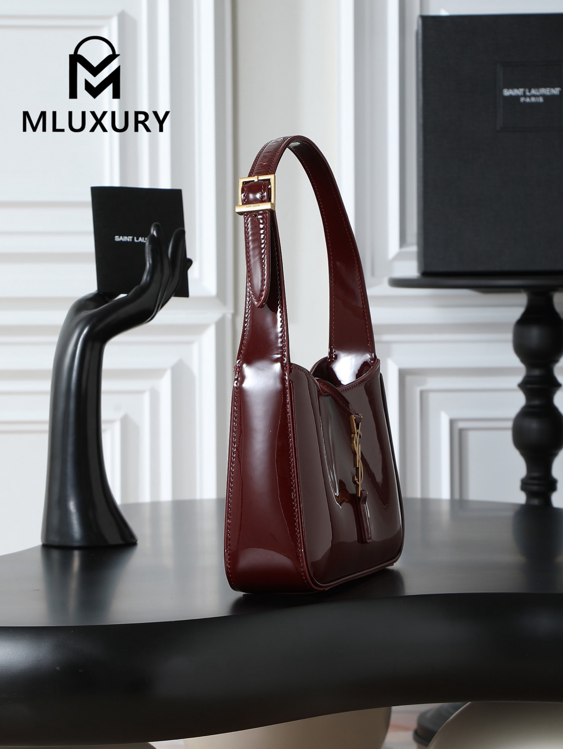 YSL LE 5A7 Underarm Bag, Small, Burgundy Patent Leather with Gold Buckle