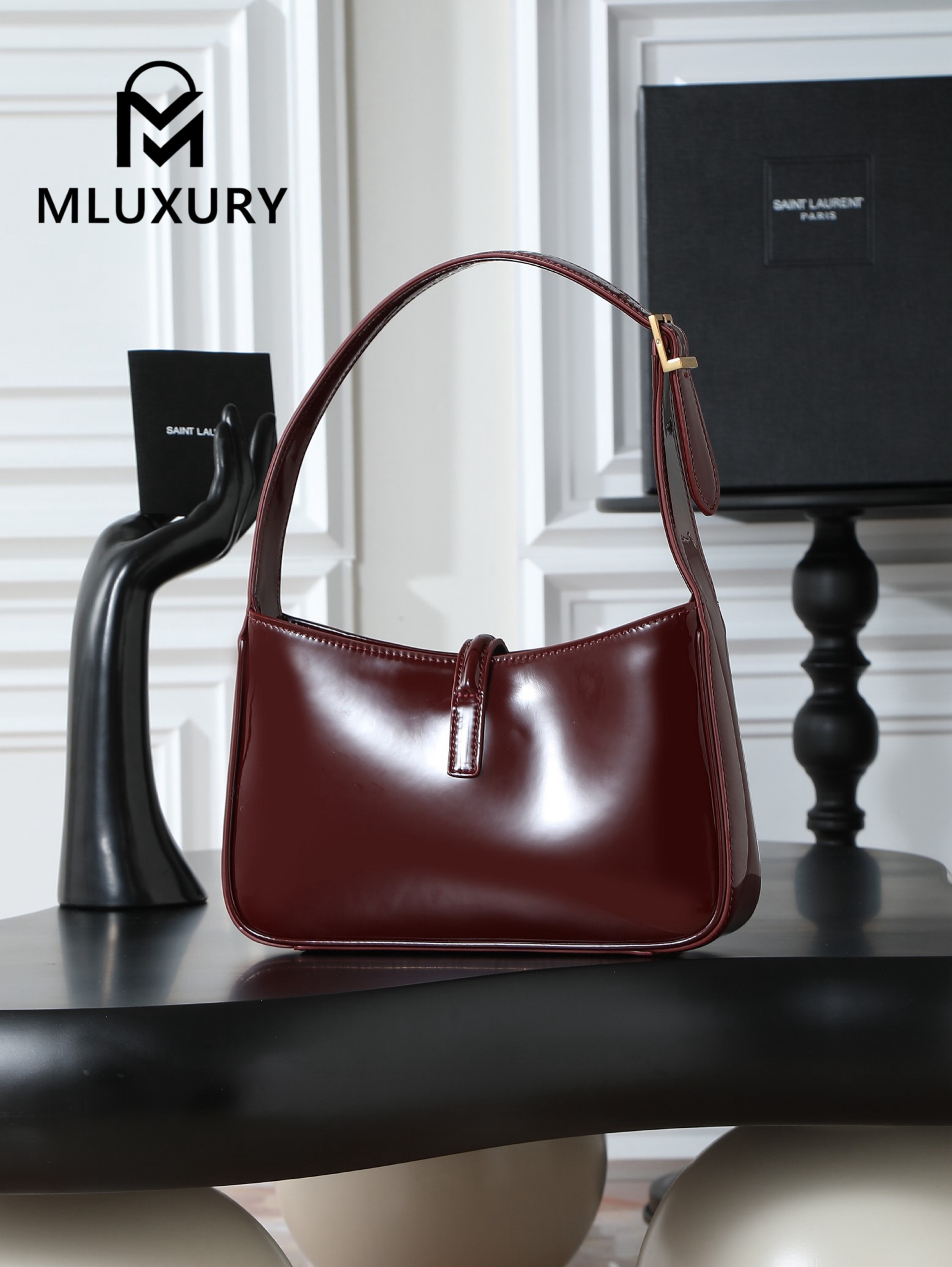 YSL LE 5A7 Underarm Bag, Small, Burgundy Patent Leather with Gold Buckle