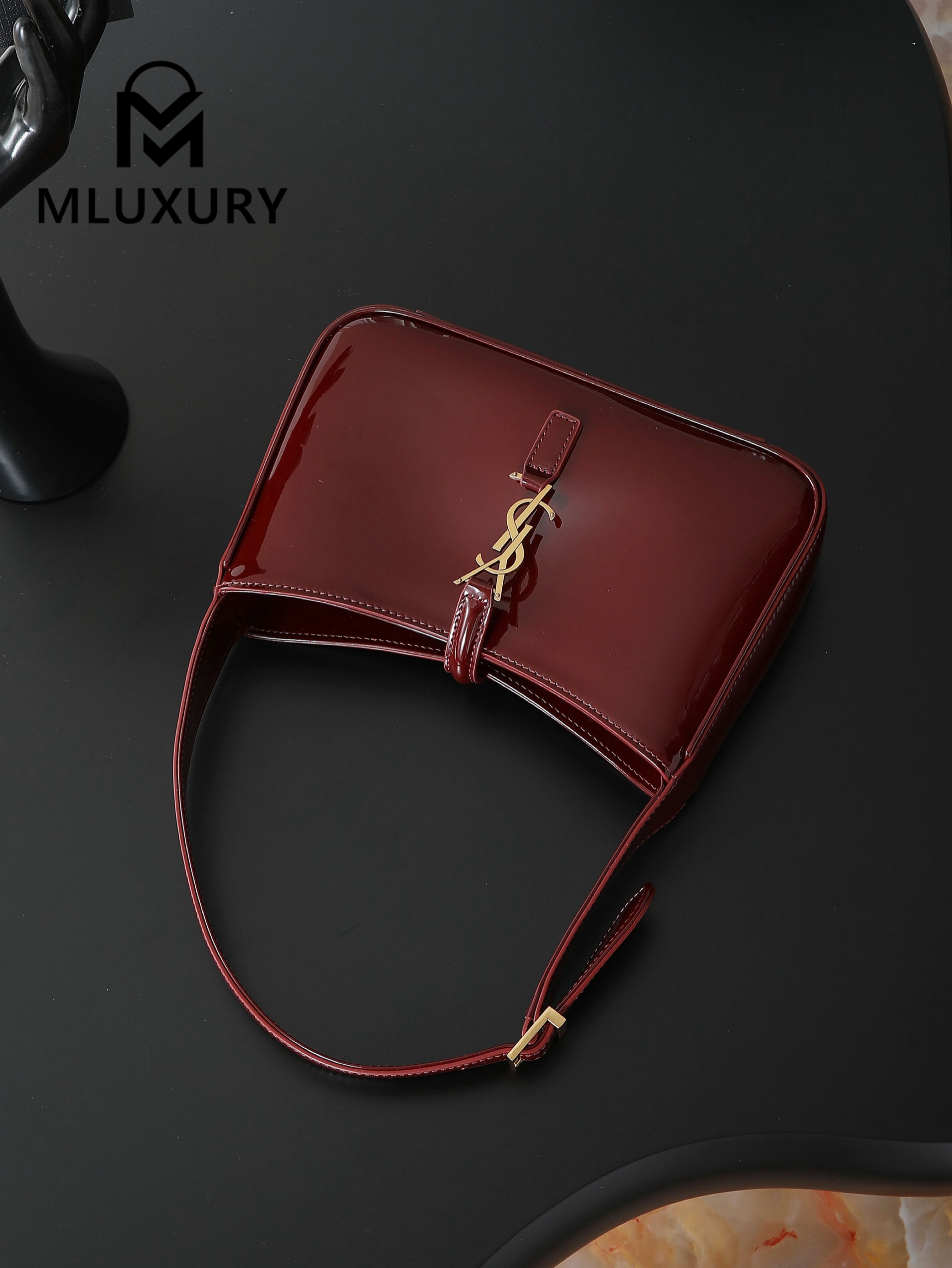 YSL LE 5A7 Underarm Bag, Small, Burgundy Patent Leather with Gold Buckle