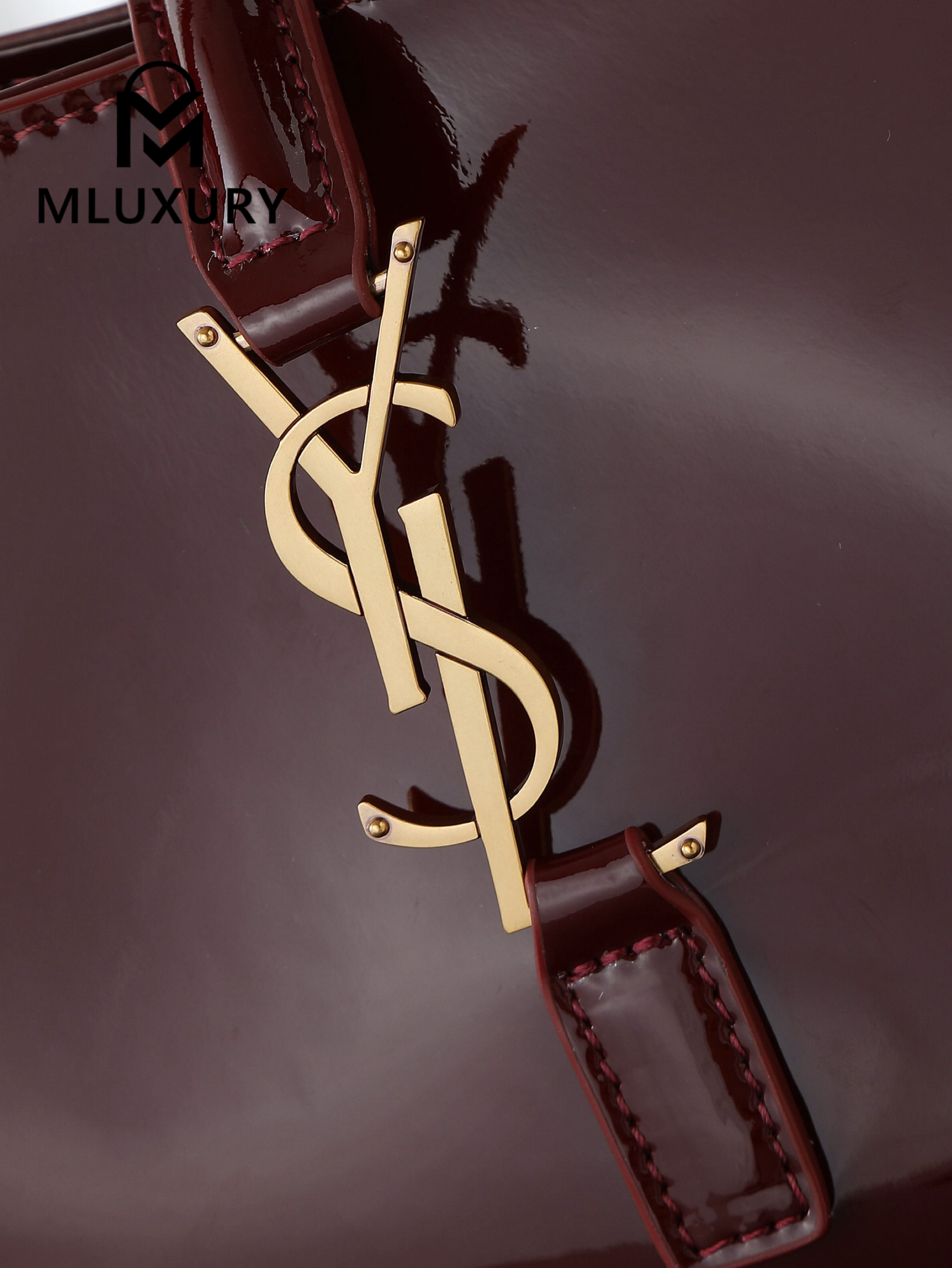 YSL LE 5A7 Underarm Bag, Small, Burgundy Patent Leather with Gold Buckle