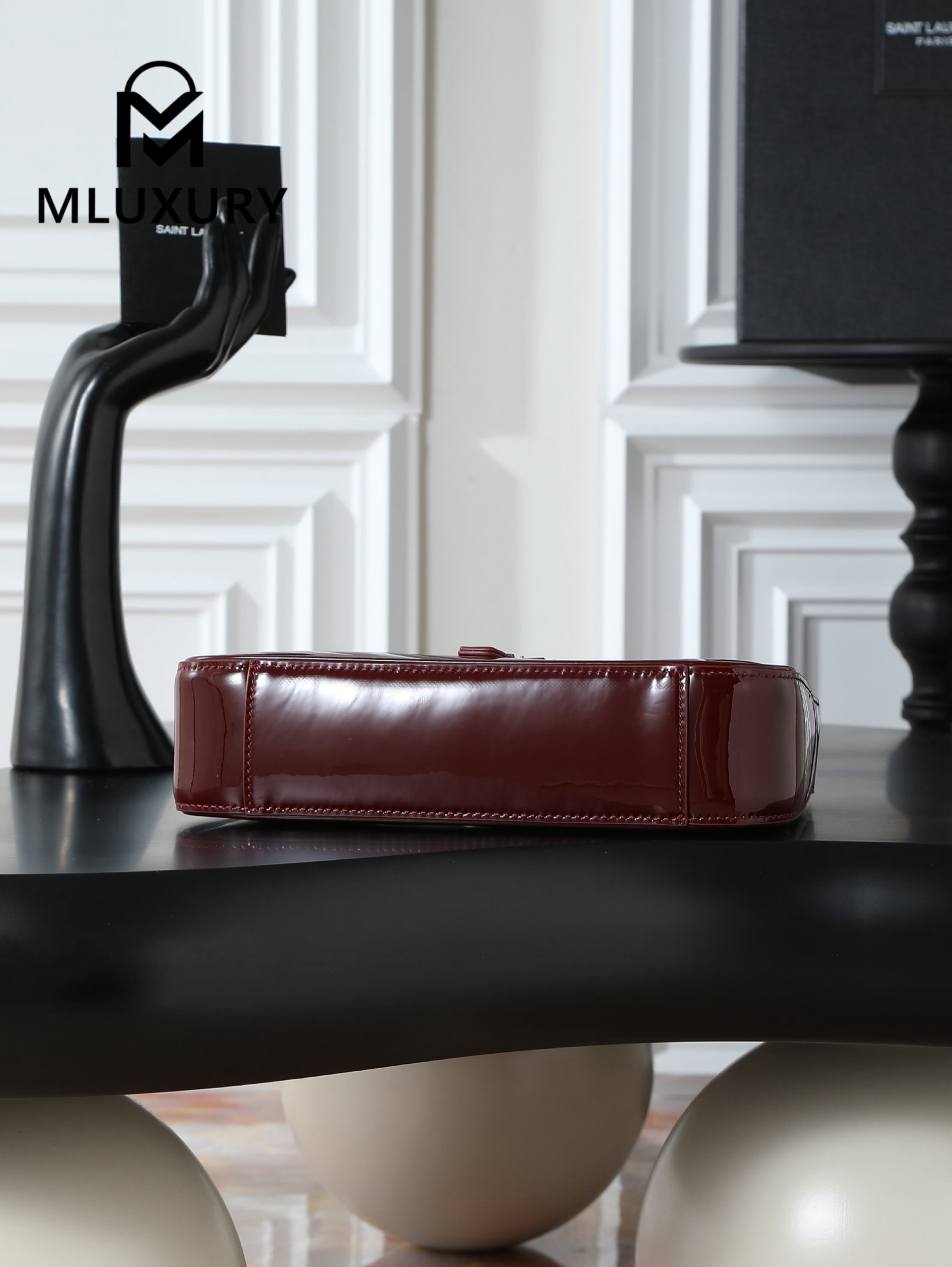 YSL LE 5A7 Underarm Bag, Small, Burgundy Patent Leather with Gold Buckle