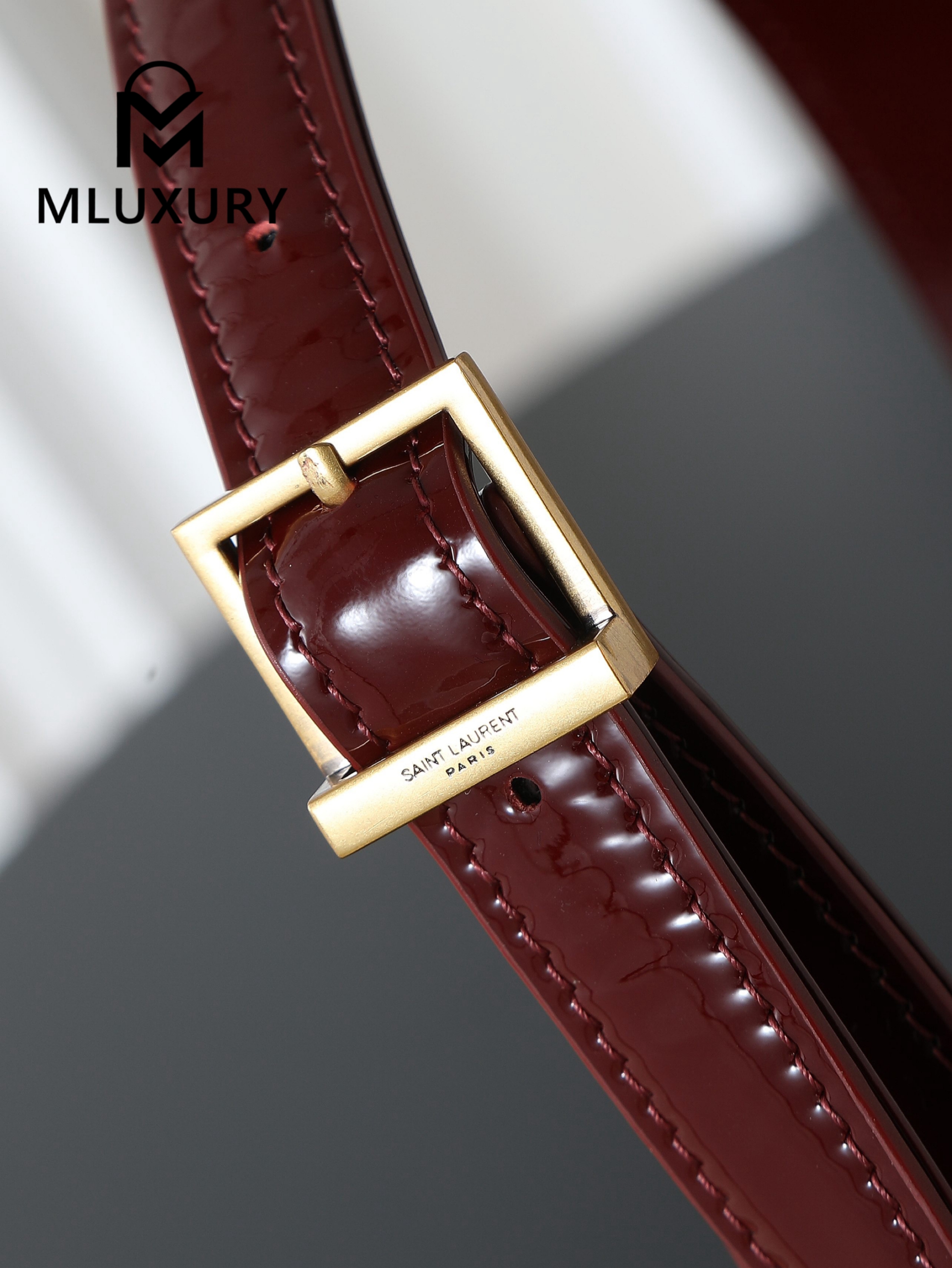 YSL LE 5A7 Underarm Bag, Small, Burgundy Patent Leather with Gold Buckle