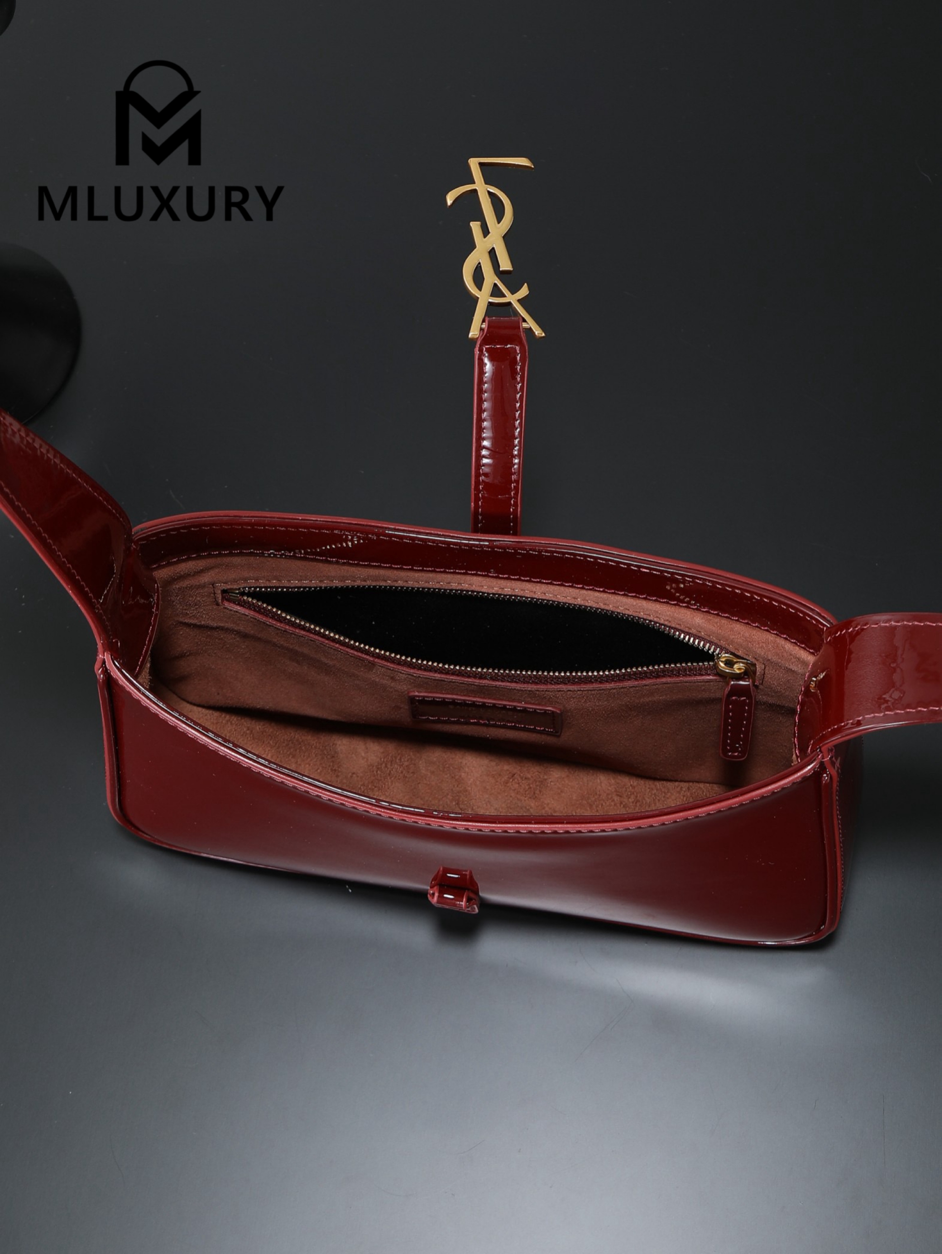 YSL LE 5A7 Underarm Bag, Small, Burgundy Patent Leather with Gold Buckle