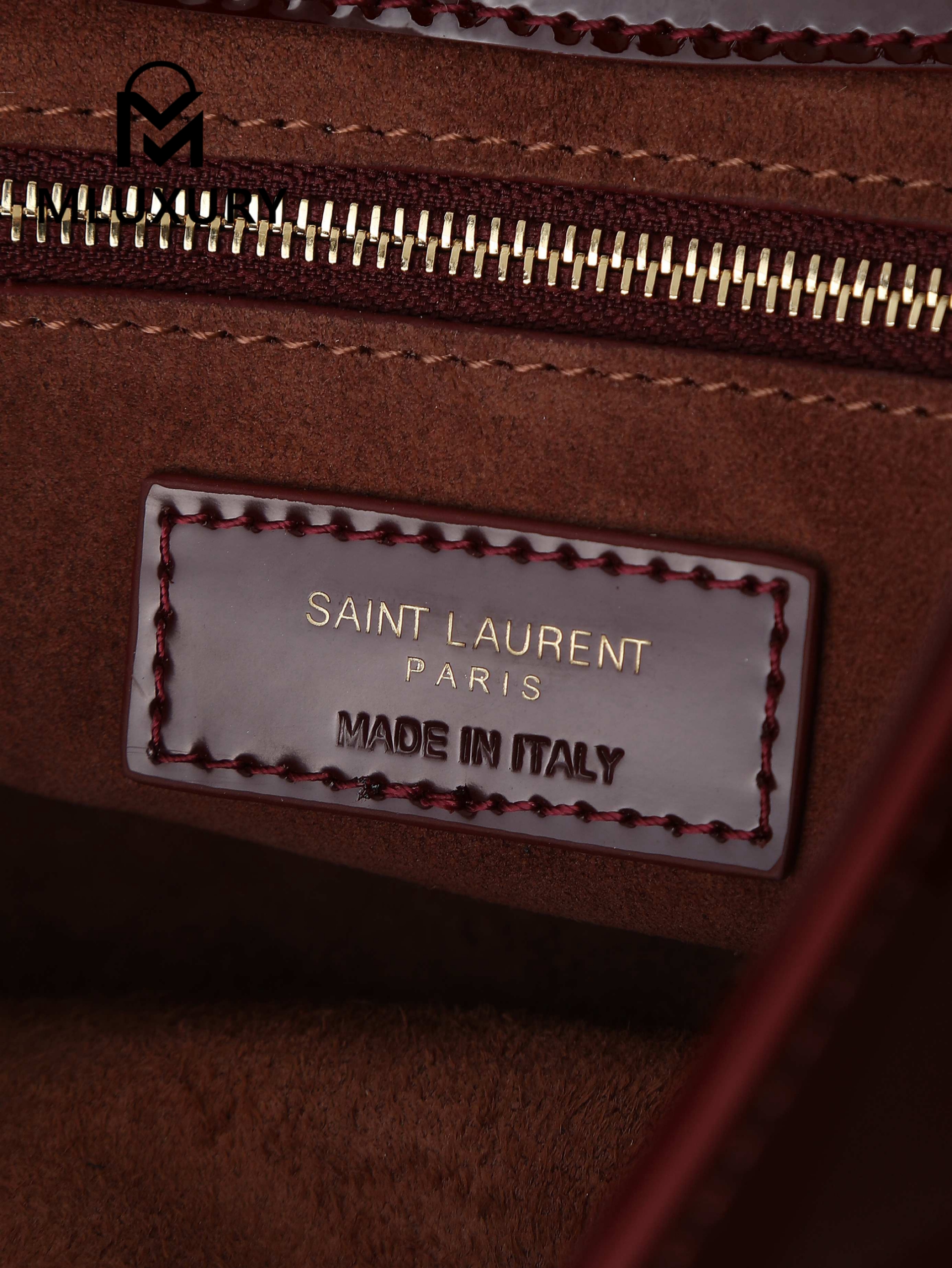 YSL LE 5A7 Underarm Bag, Small, Burgundy Patent Leather with Gold Buckle