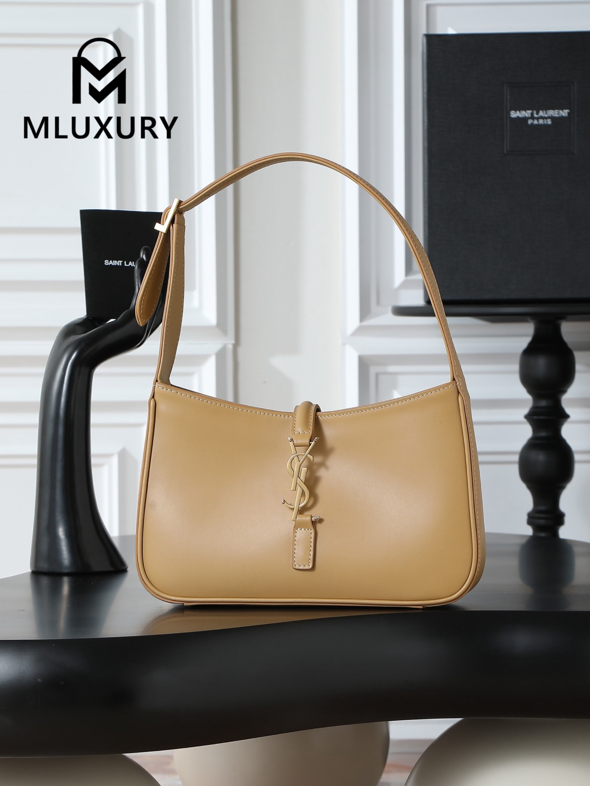 YSL LE 5A7 Underarm Bag, Small, Apricot Plain Weave with Gold Buckle