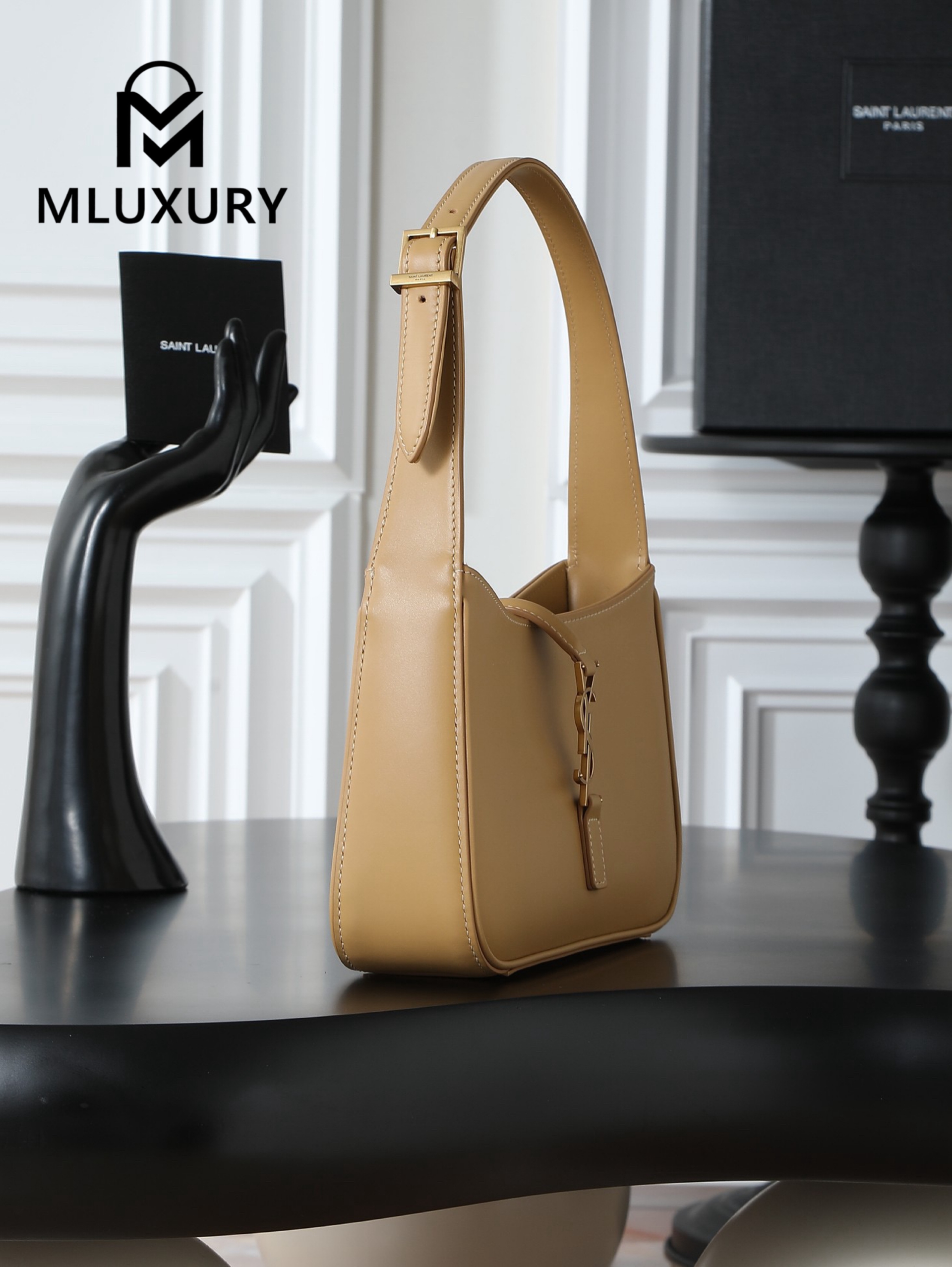 YSL LE 5A7 Underarm Bag, Small, Apricot Plain Weave with Gold Buckle