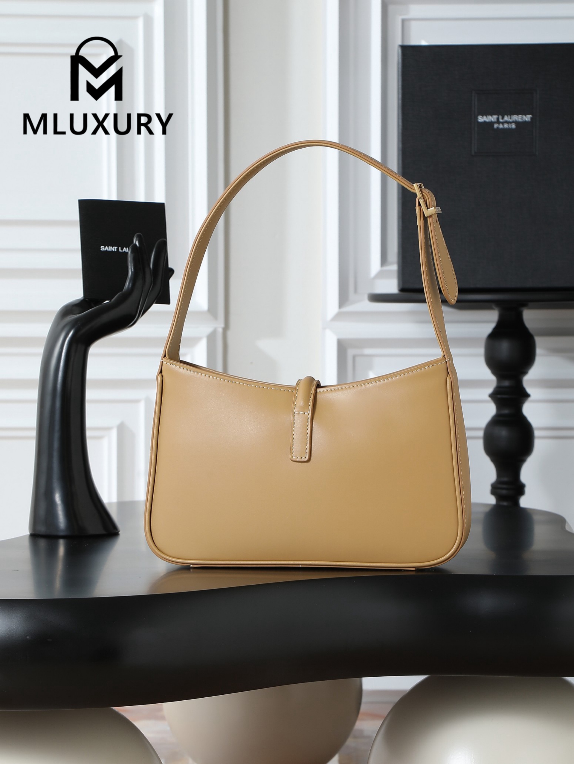 YSL LE 5A7 Underarm Bag, Small, Apricot Plain Weave with Gold Buckle