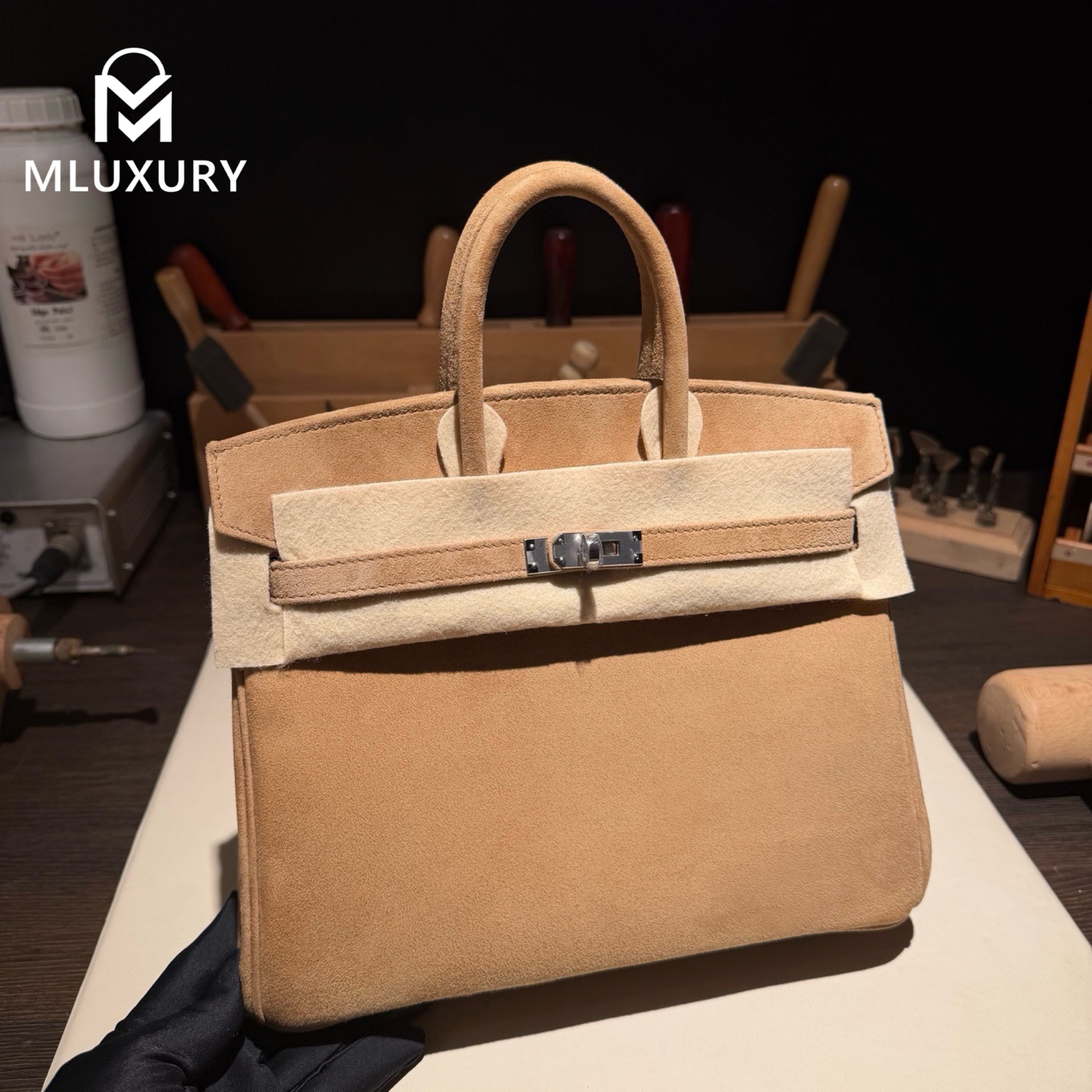 Hermès Birkin 25, Suede,Light gold, Silver hardware