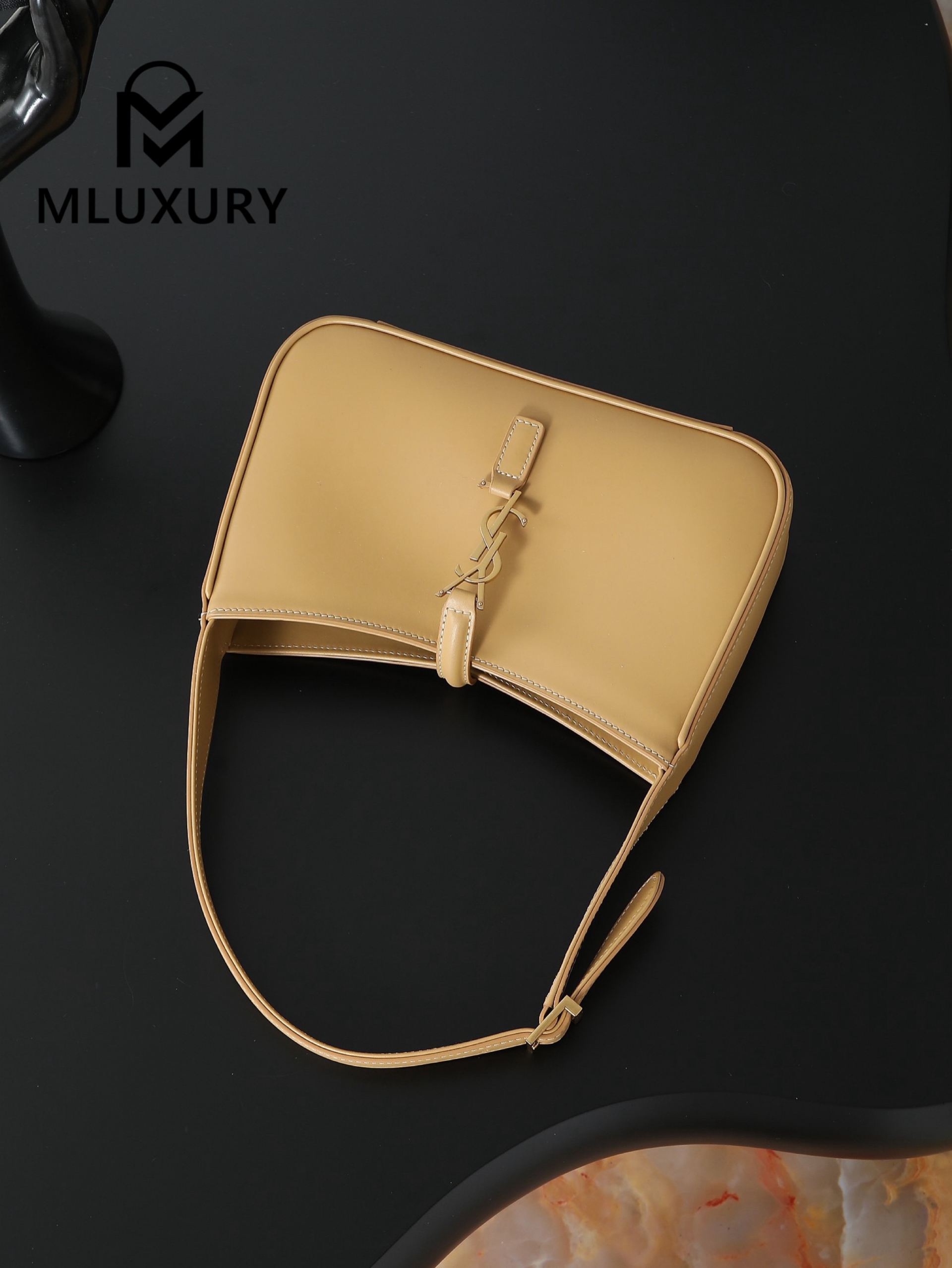 YSL LE 5A7 Underarm Bag, Small, Apricot Plain Weave with Gold Buckle