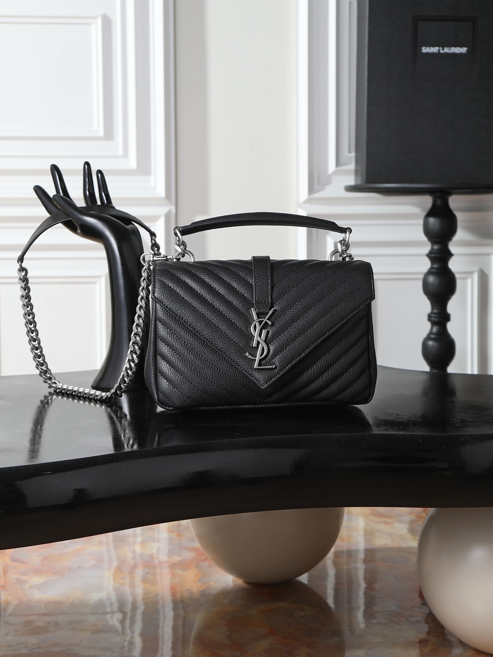 YSL Monogram College 24cm, Black with Silver Buckle