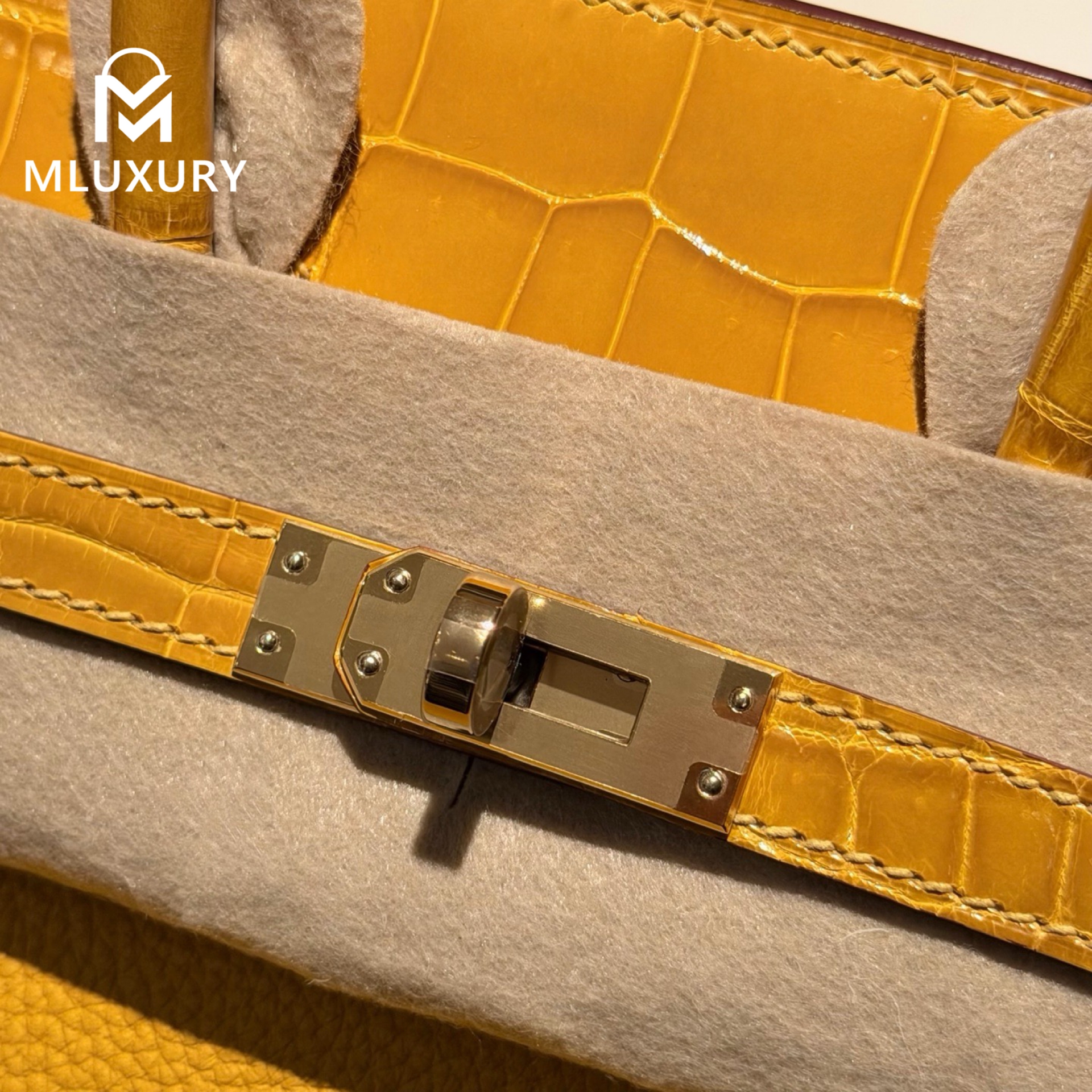 Hermès Birkin 25 Togo with glossy crocodile pattern , Amber yellow, Gold hardware