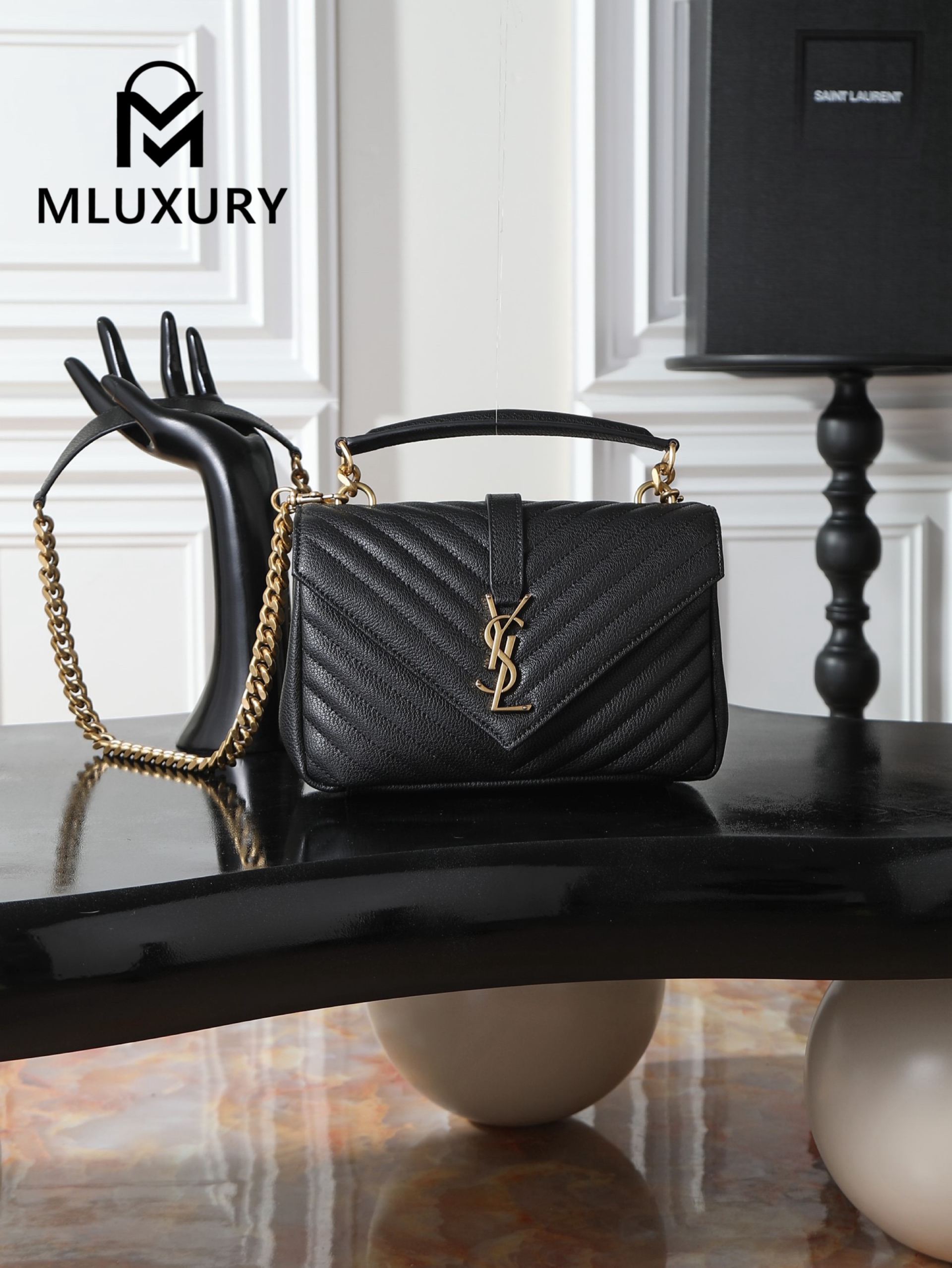 YSL Monogram College 24cm, Black with Gold Hardware