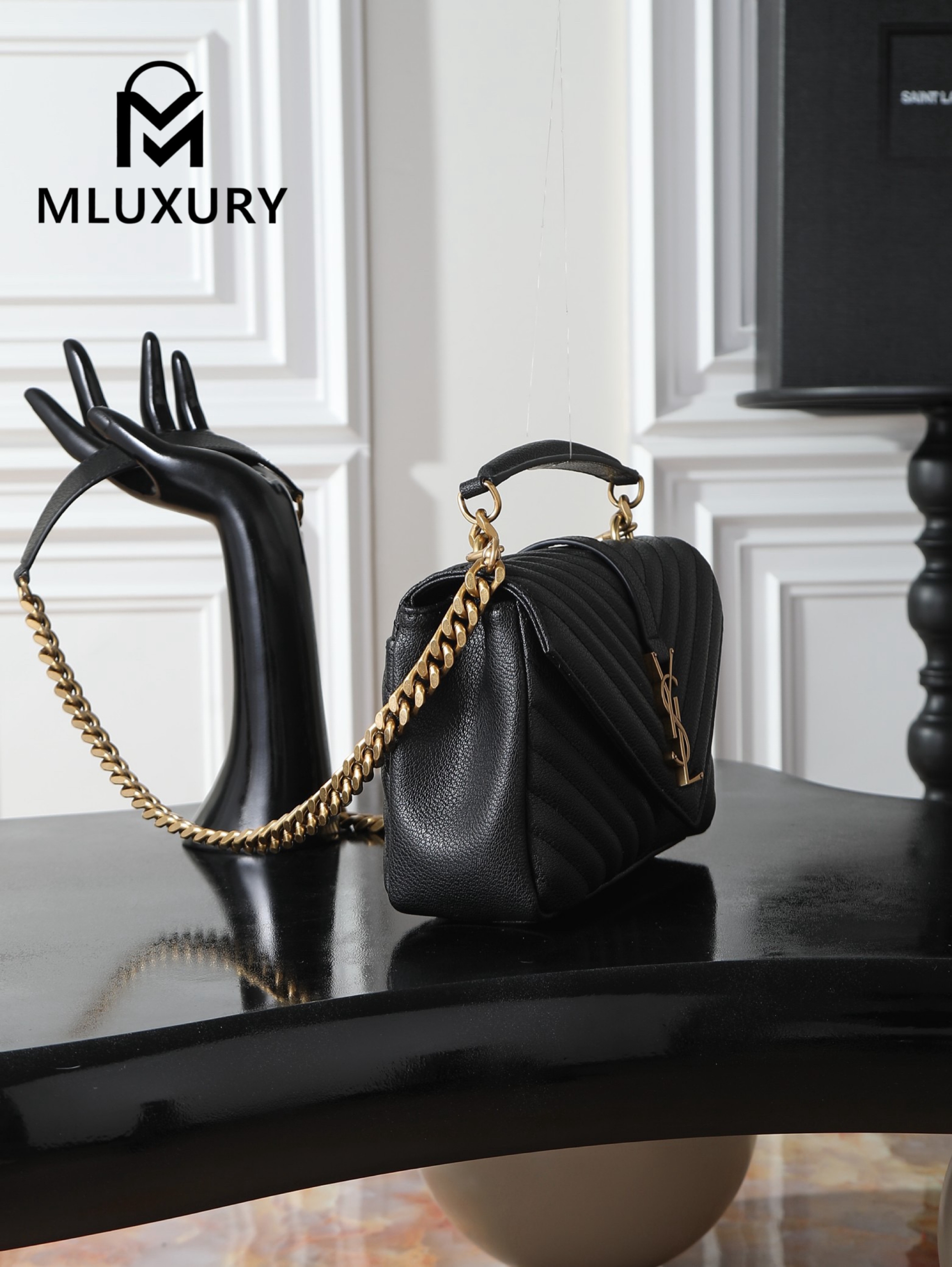 YSL Monogram College 24cm, Black with Gold Hardware