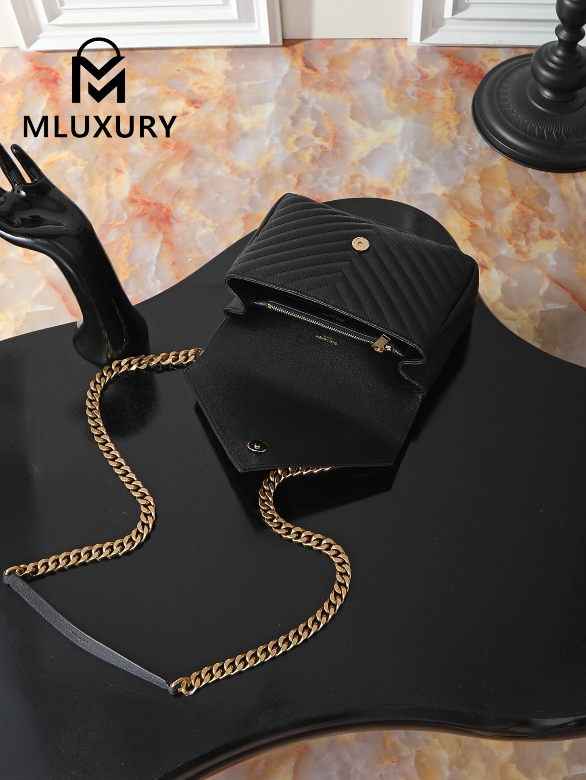 YSL Monogram College 24cm, Black with Gold Hardware