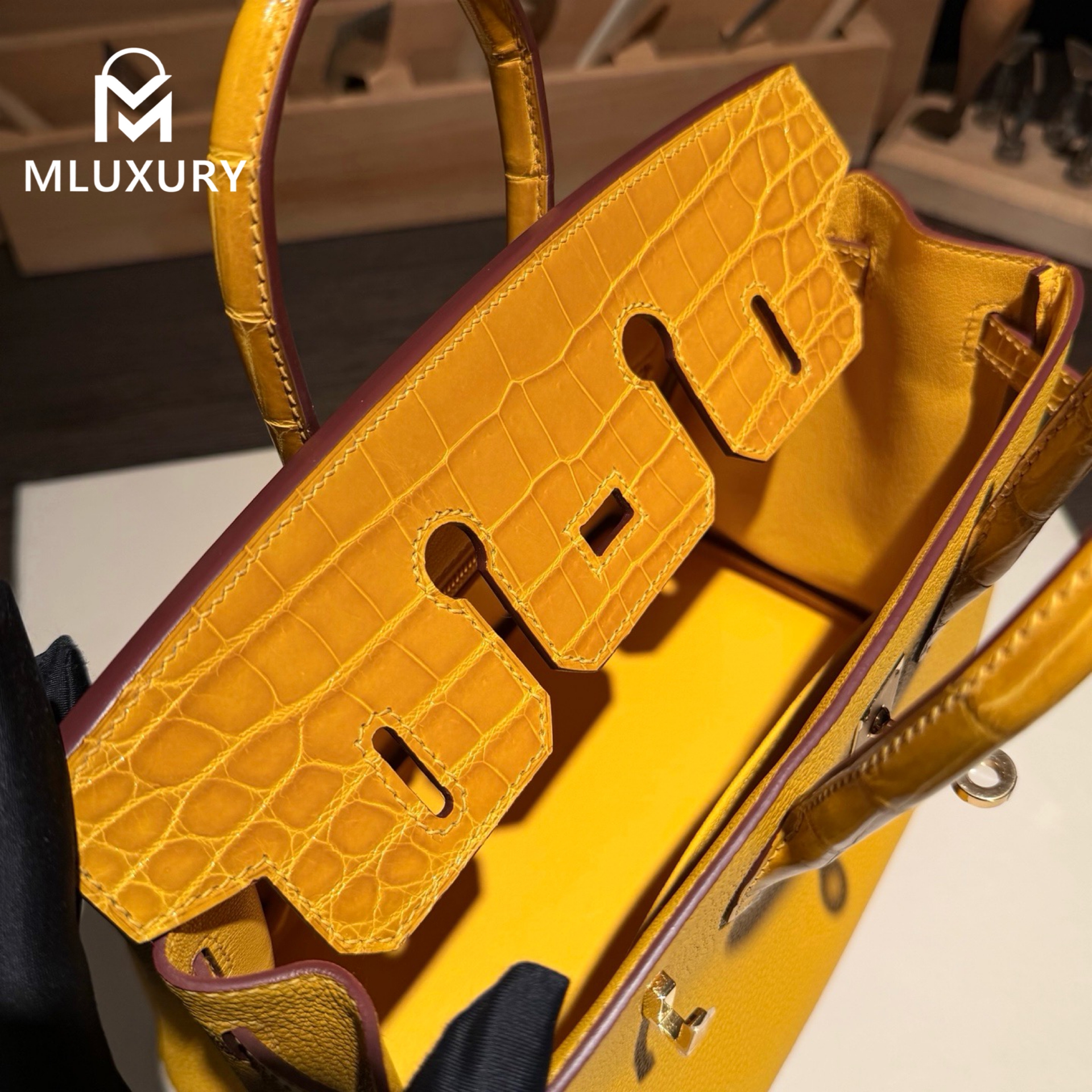 Hermès Birkin 25 Togo with glossy crocodile pattern , Amber yellow, Gold hardware