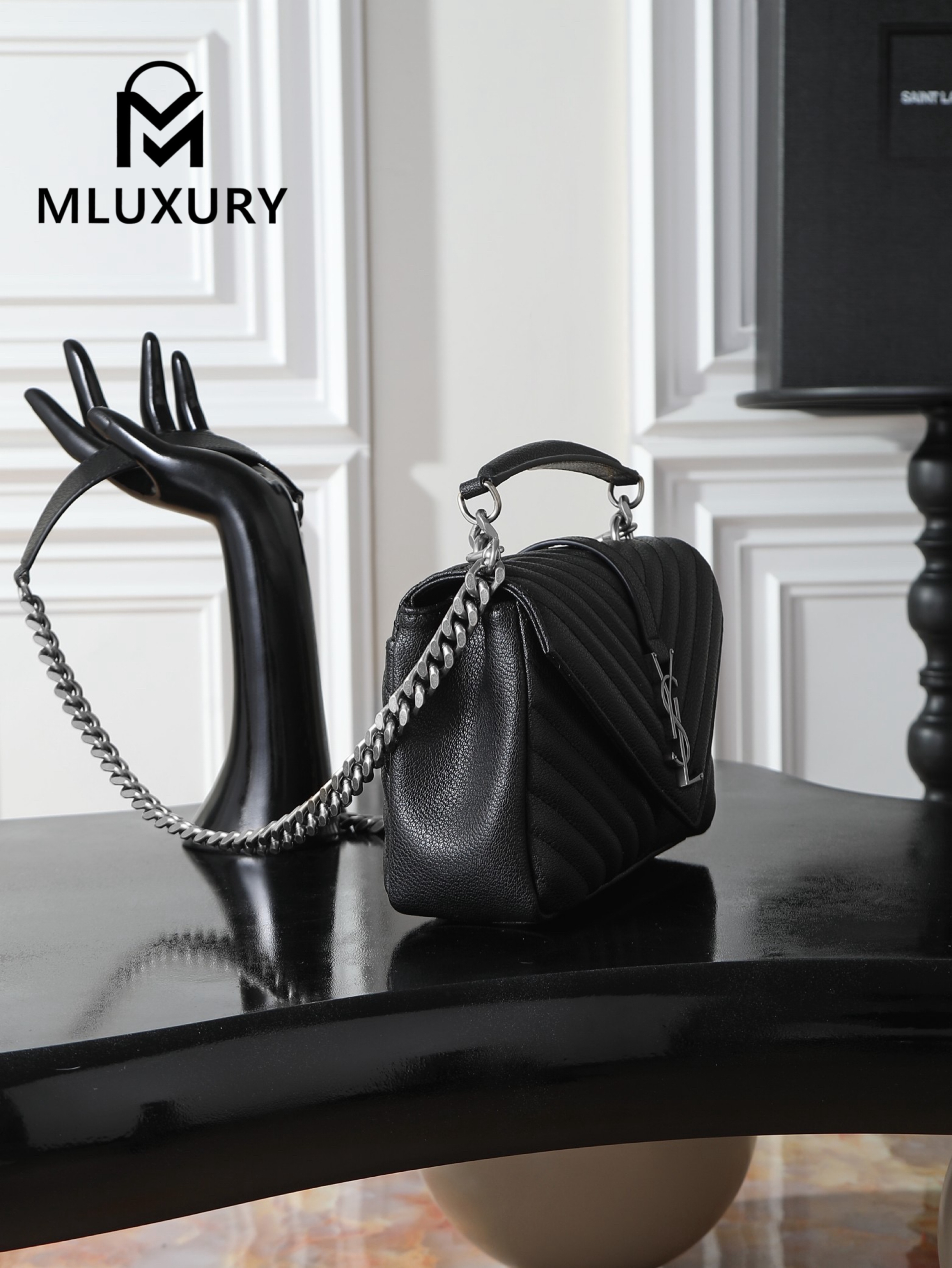YSL Monogram College 24cm, Black with Silver Buckle