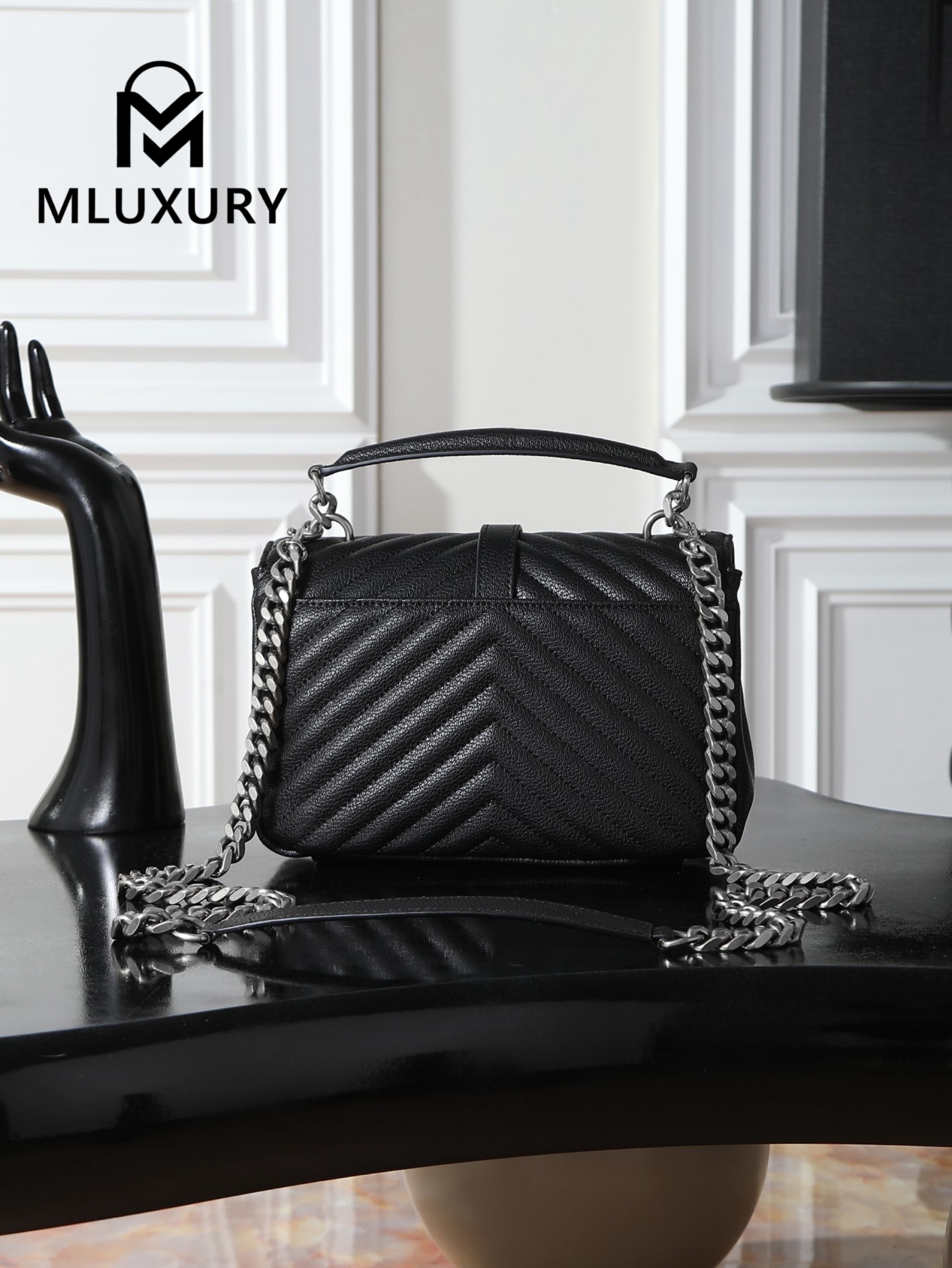 YSL Monogram College 24cm, Black with Silver Buckle