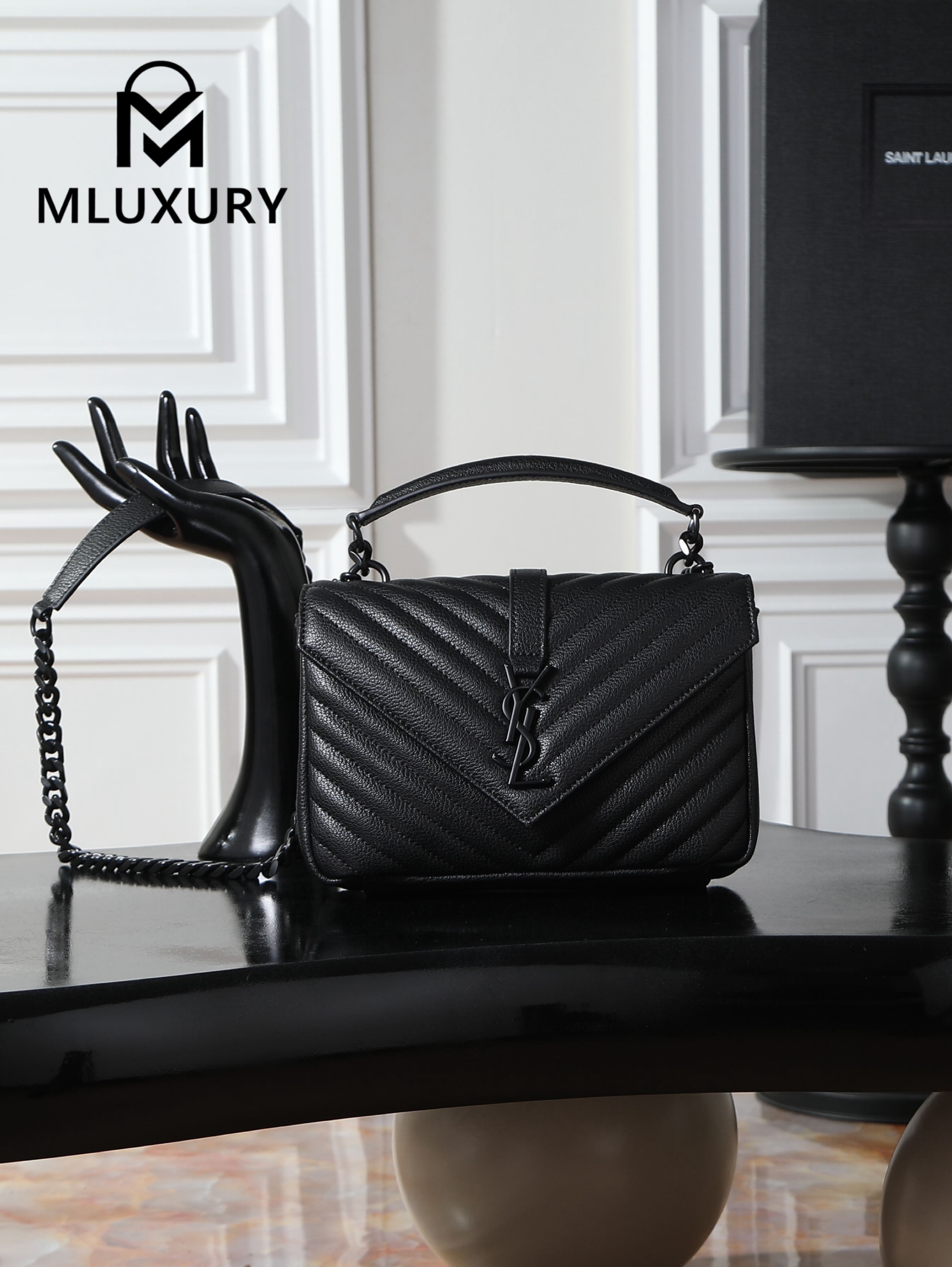 YSL Monogram College 24cm, Black with Black Buckle